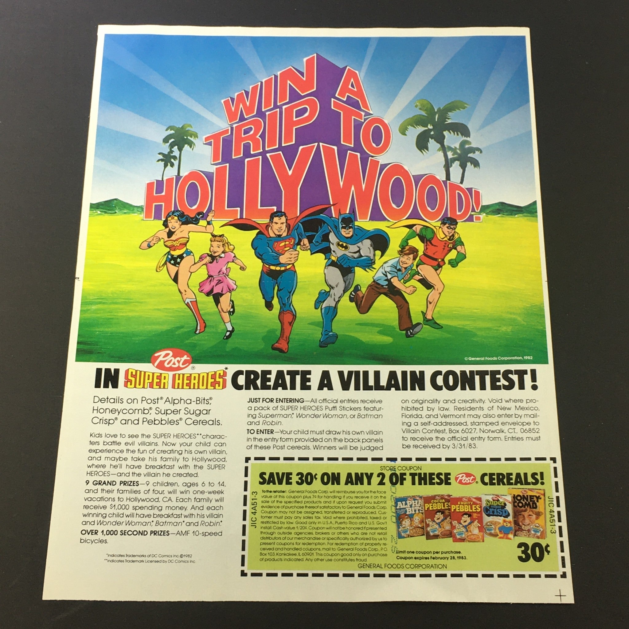 VTG Retro 1983 Post Oat Cereals Win A Trip To Hollywood Print Ad Coupon