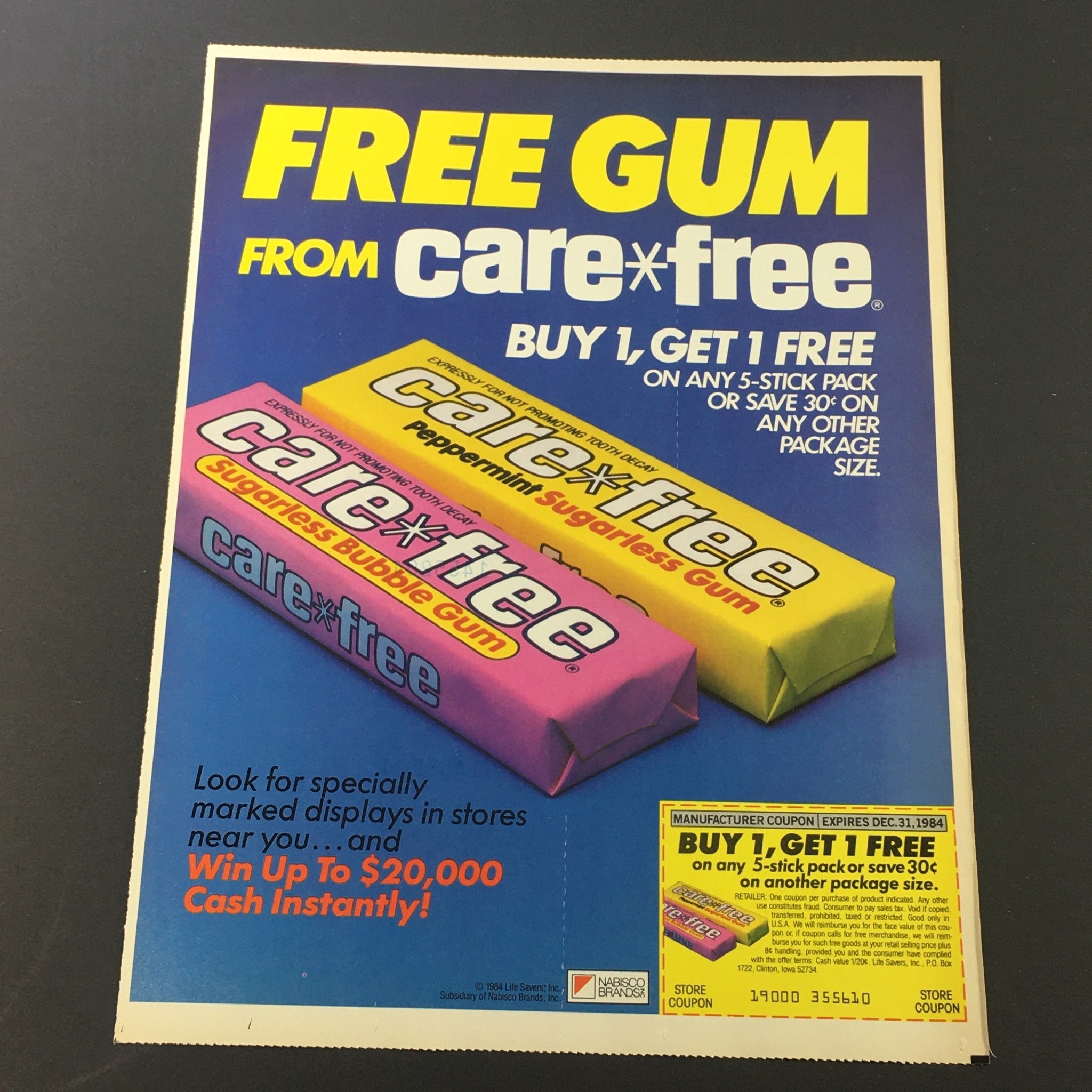 VTG Retro 1984 Care Free Peppermint Sugarless Chewing Gum Print Ad Coupon