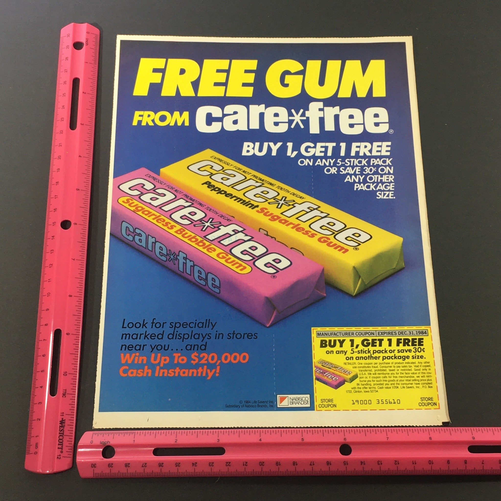 VTG Retro 1984 Care Free Peppermint Sugarless Chewing Gum Print Ad Coupon