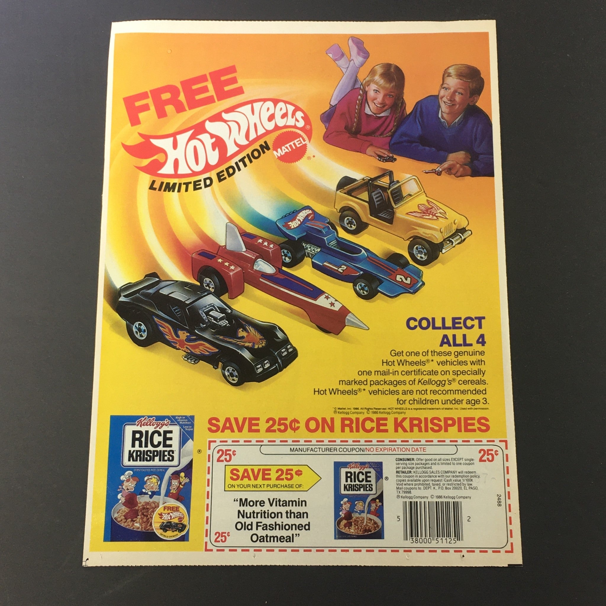 VTG Retro 1987 Kellogg's Rice Krispies FREE Hot Wheels Vehicles Print Ad Coupon