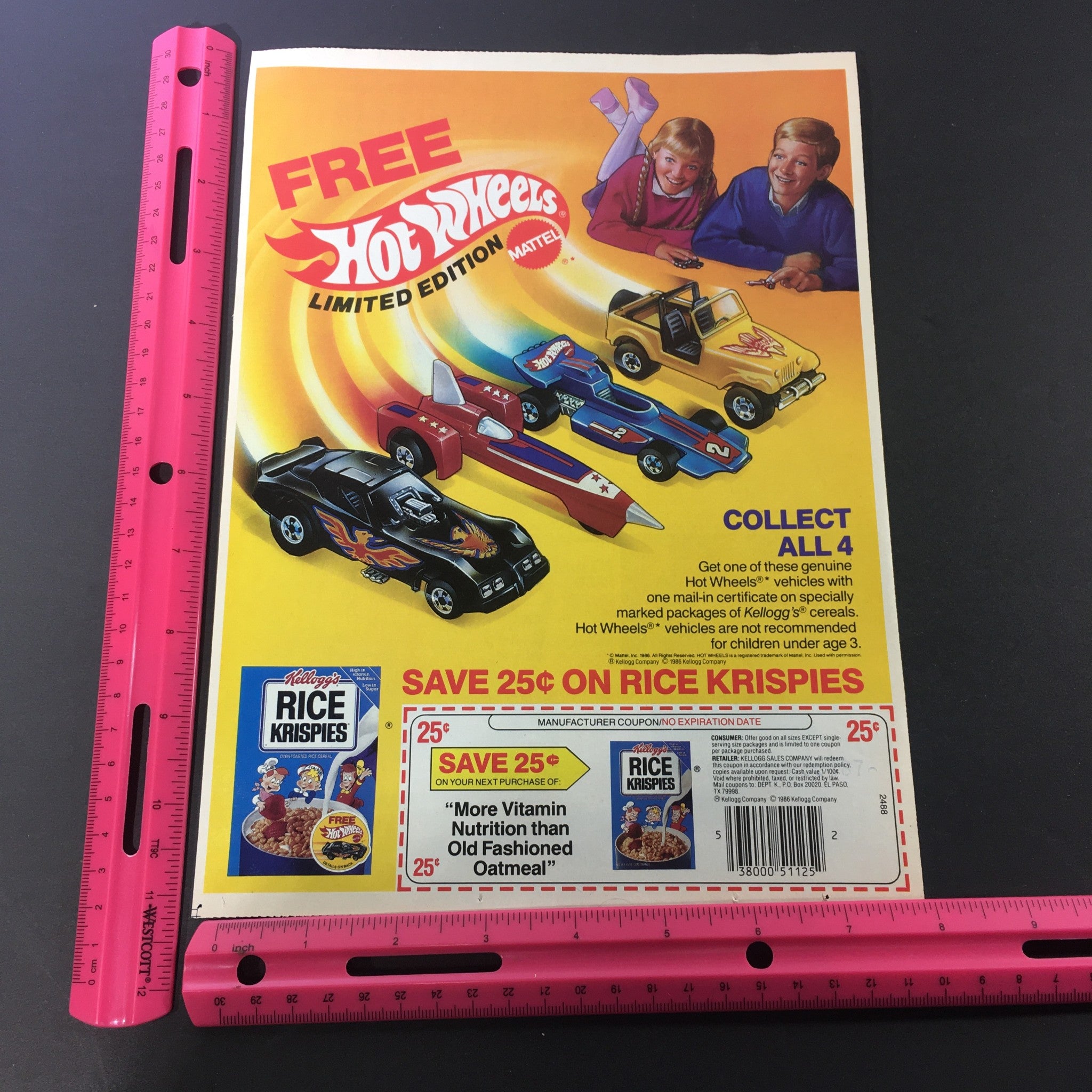 VTG Retro 1987 Kellogg's Rice Krispies FREE Hot Wheels Vehicles Print Ad Coupon