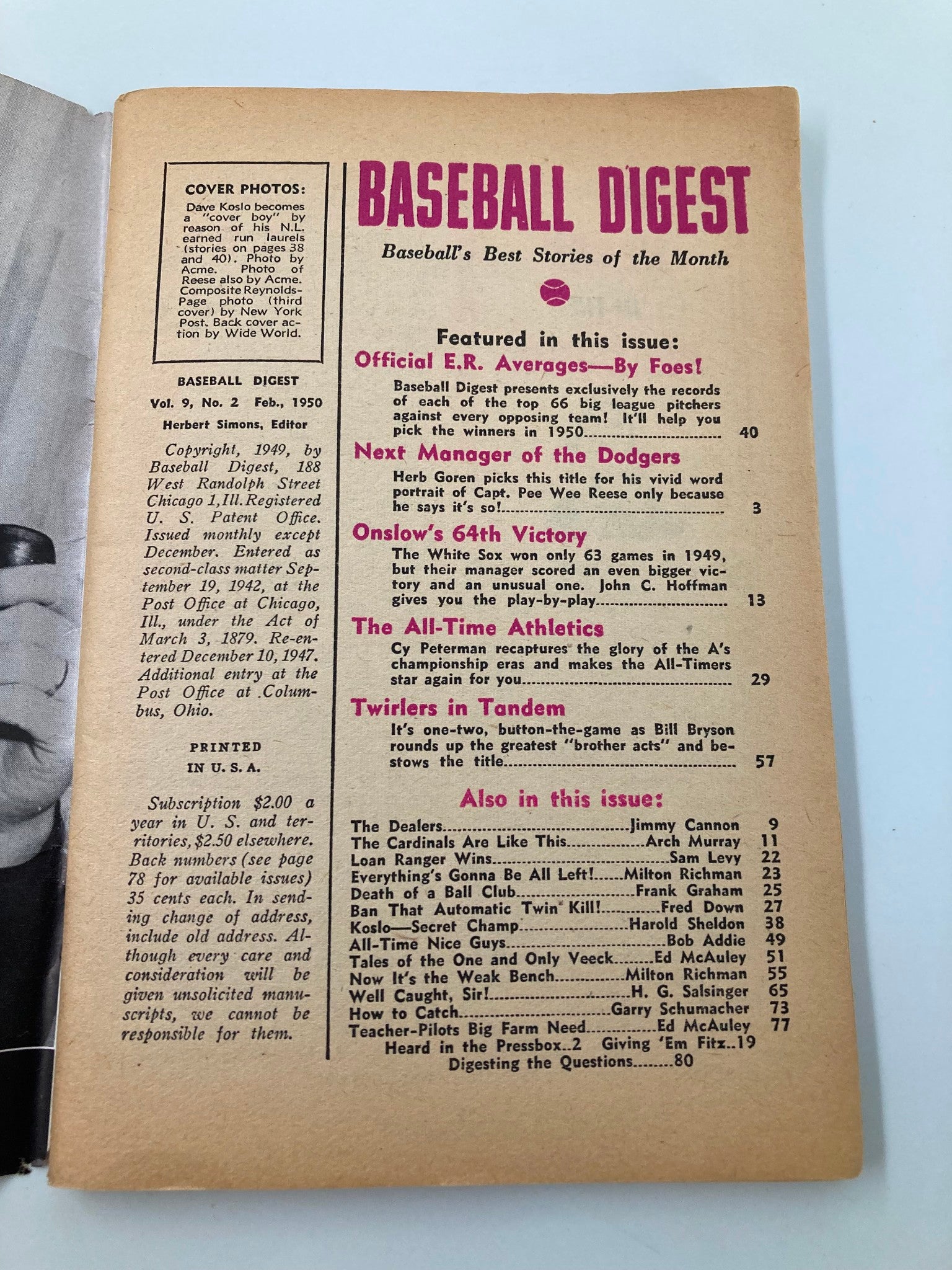 VTG Baseball Digest Magazine February 1950 Dave Koslo New York Giants No Label