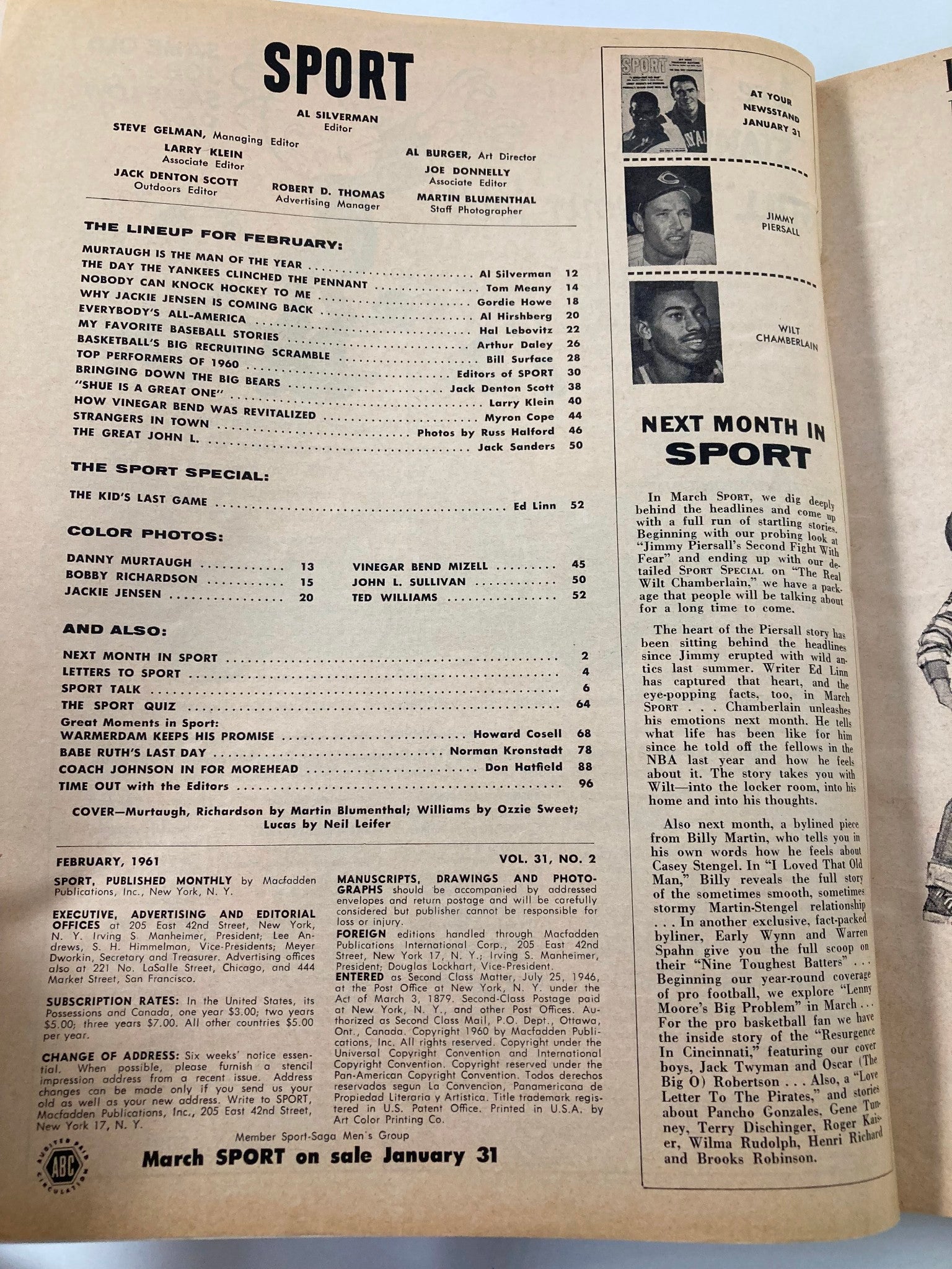 VTG Sport Magazine February 1961 Danny Murtaugh, Ted Williams, J Lucas No Label