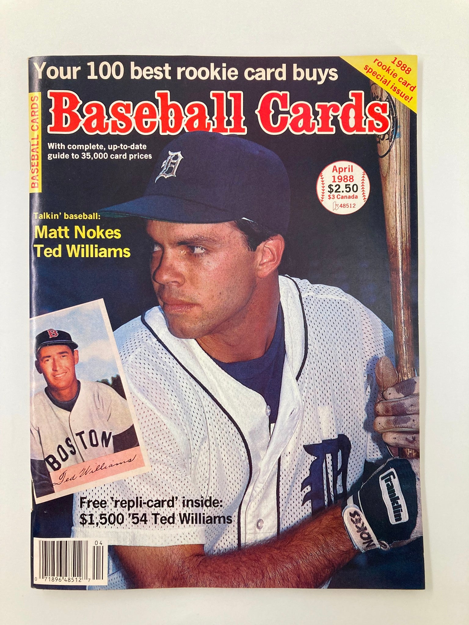 Baseball Cards Magazine April 1988 featuring players Matt Nokes and Ted Williams on the cover. This vintage magazine offers insight into baseball's history and collectibles.