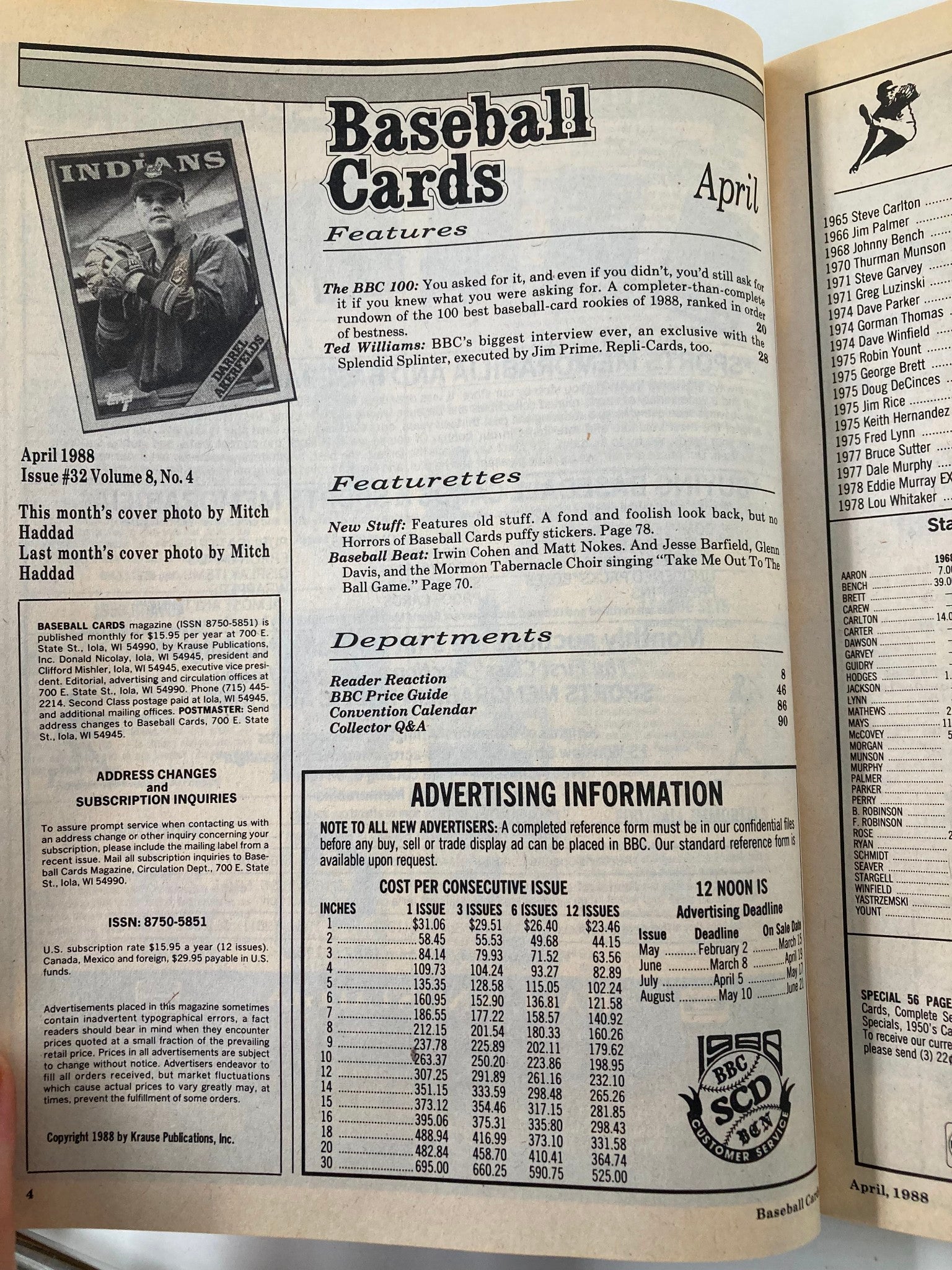 Interior page of Baseball Cards Magazine April 1988 showcasing features like BBC 100 and an interview with Ted Williams. The page highlights the magazine's content for collectors.