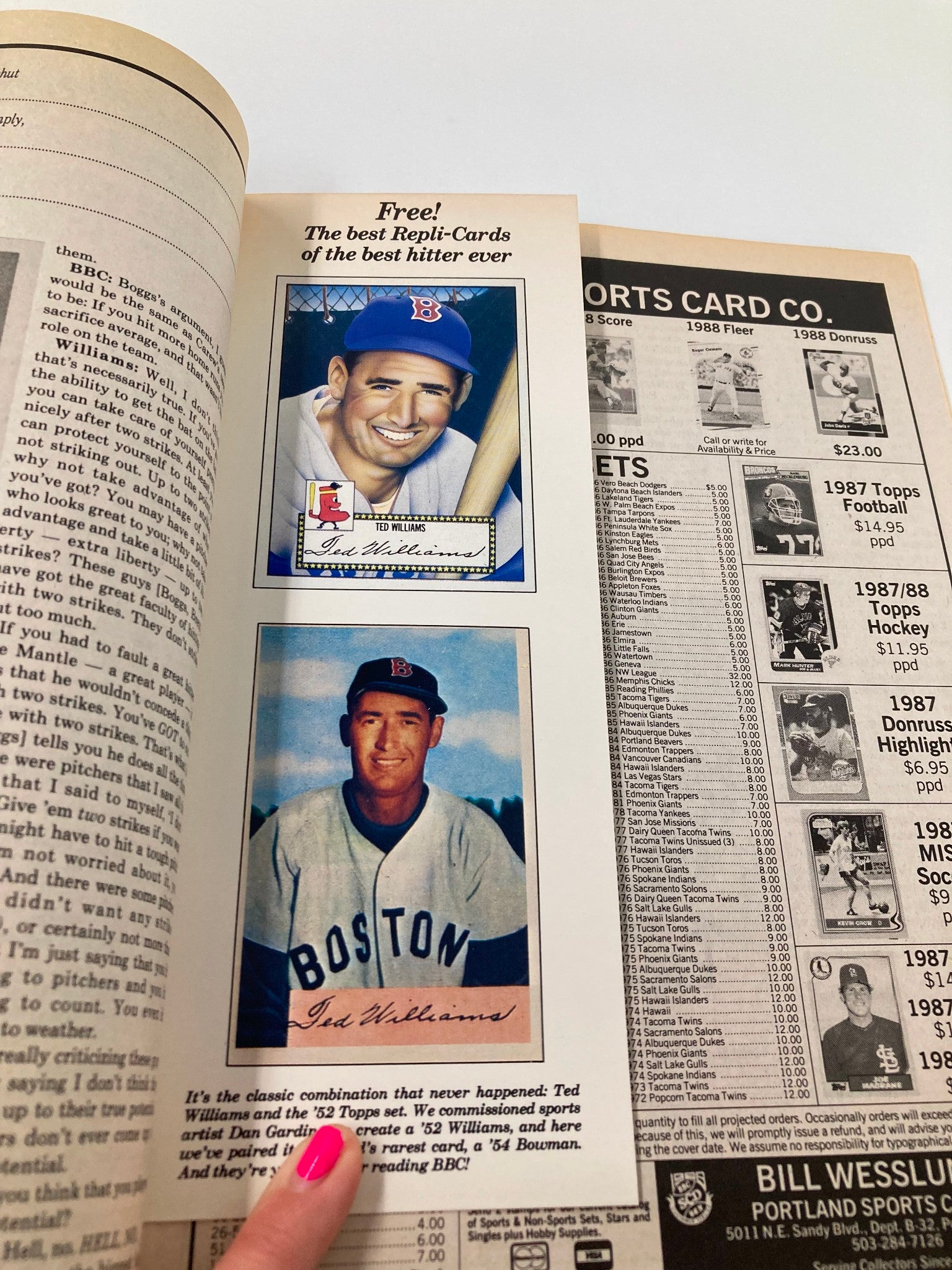 Page from Baseball Cards Magazine April 1988 displaying Repli-Cards of Ted Williams and an advertisement for baseball collectibles. This showcases the magazine’s focus on valuable cards.