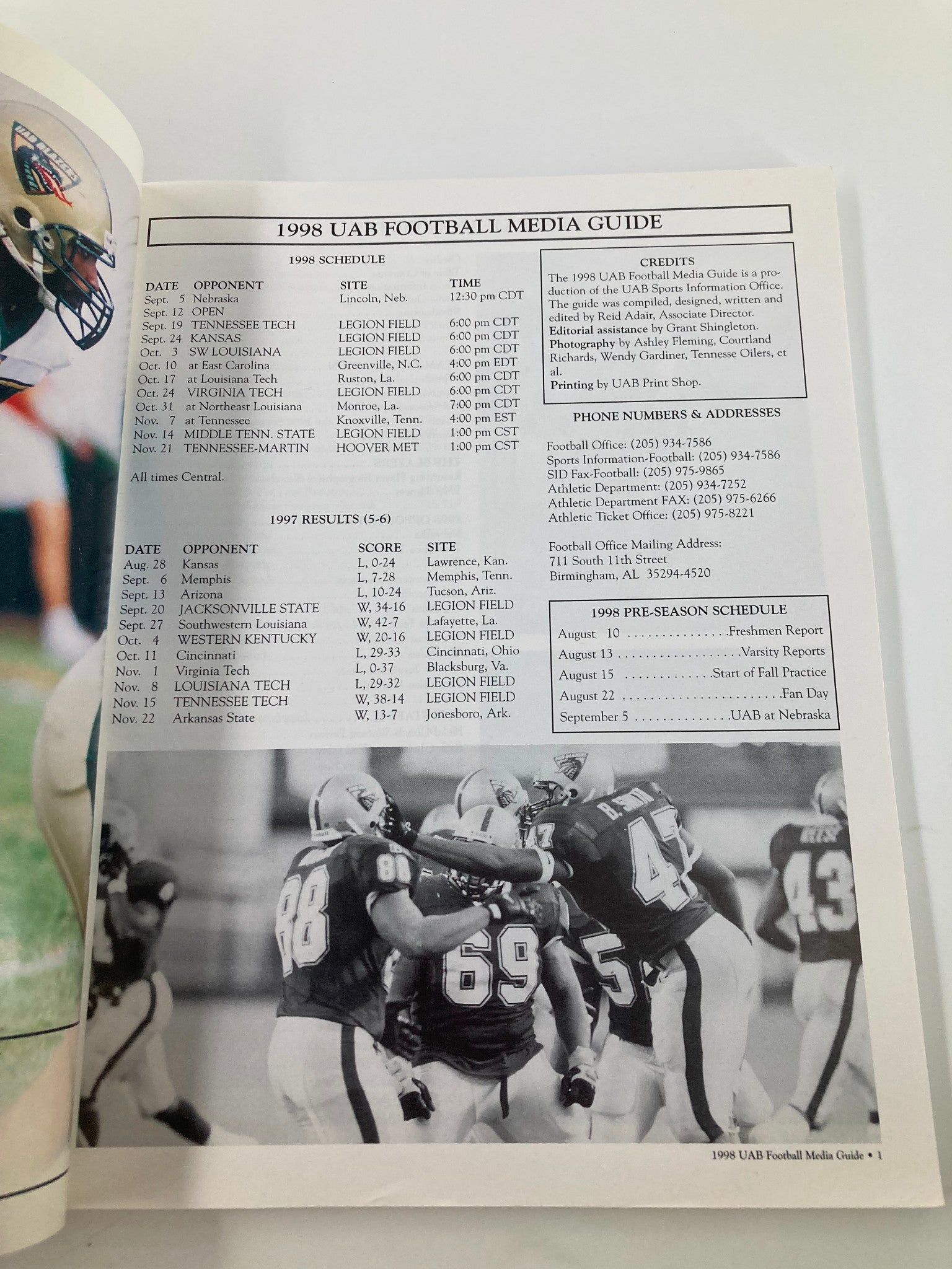 Inside page of the 1998 University of Alabama at Birmingham Football Media Guide displaying the complete game schedule for the season, showcasing match details and scores from past games.