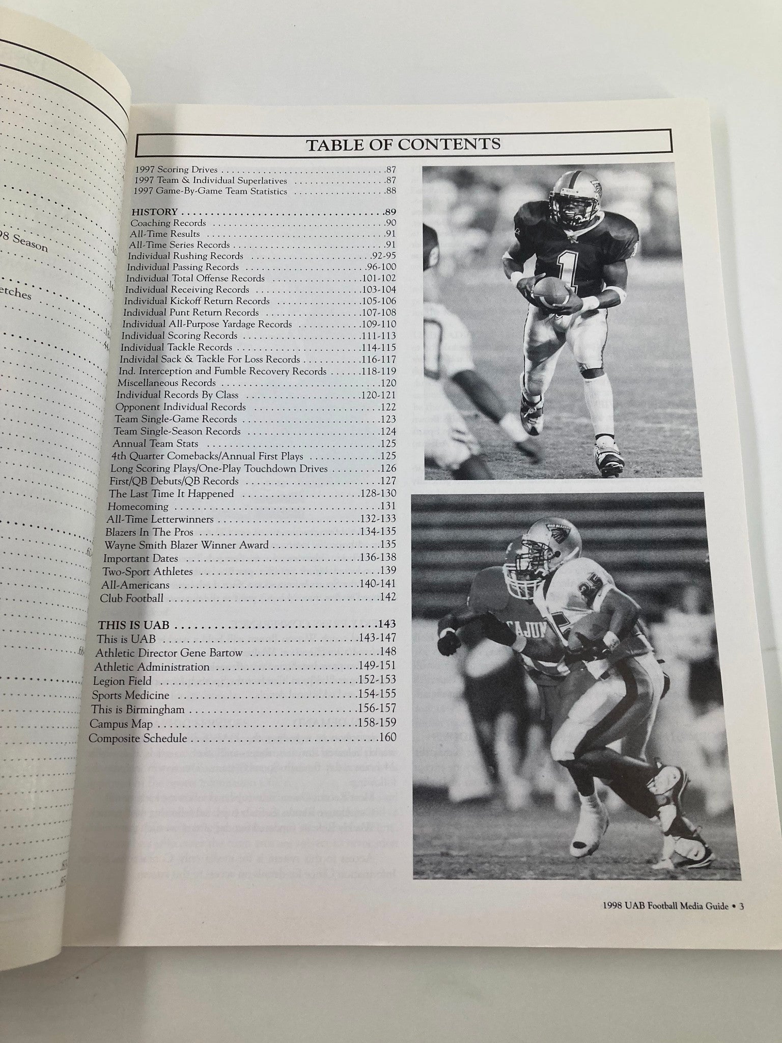 Another inside page of the 1998 University of Alabama at Birmingham Football Media Guide presenting the table of contents, highlighting various historical records and statistics relevant to UAB football.