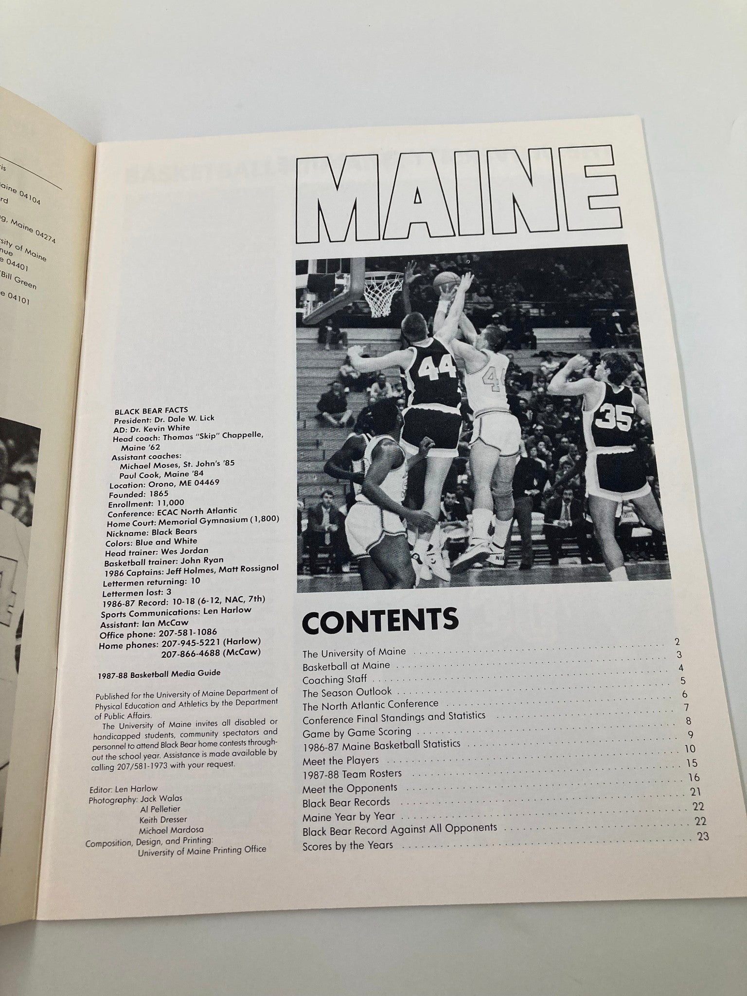 Contents page of the VTG 1987-1988 University of Maine Basketball Yearbook featuring the Maine Black Bears, showcasing players and coaching staff information.