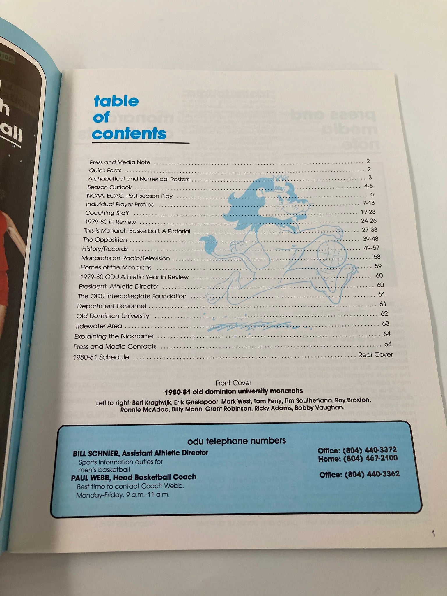 Inside page of the VTG 1980-1981 Monarchs of Old Dominion University Program displaying the table of contents, including sections on player profiles, coaching staff and season outlook.