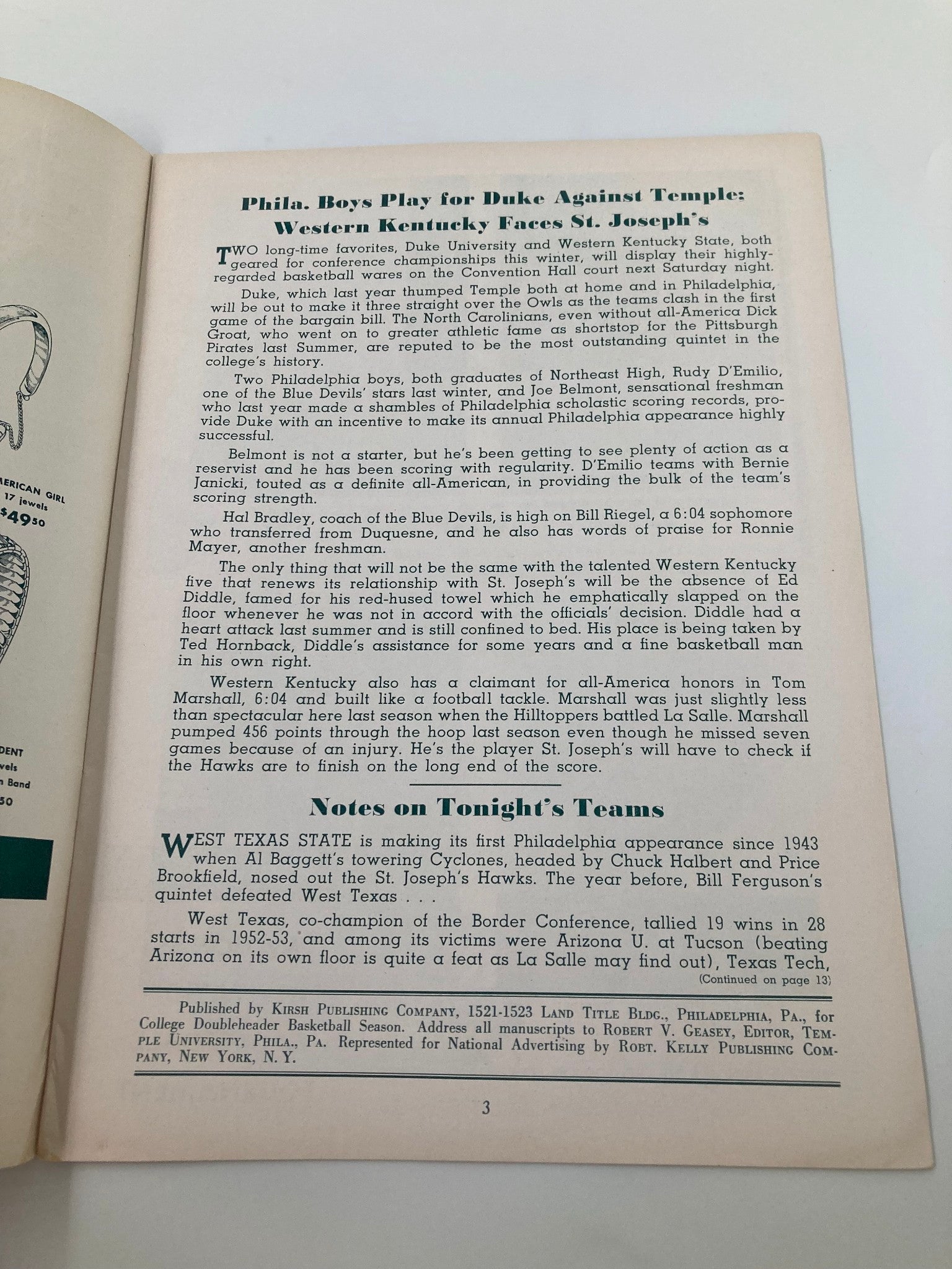 VTG December 13 1952 St. Joseph's Temple vs West Texas State College Basketball