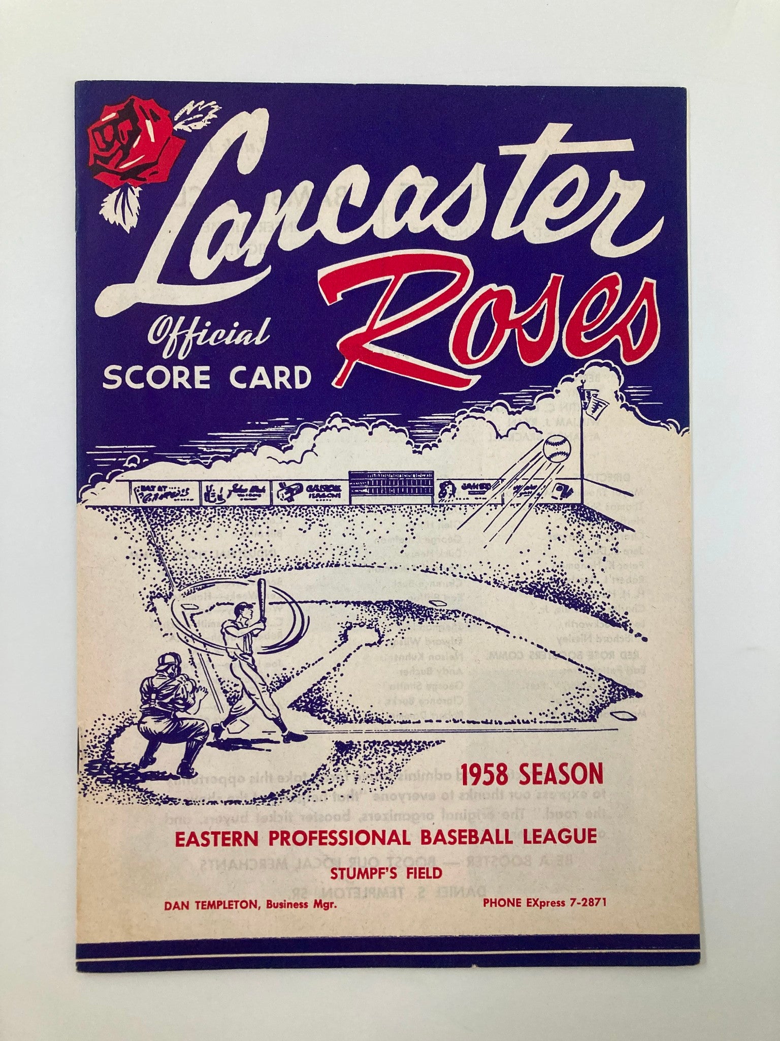 1958 Eastern Professional Baseball League Lancaster Roses Official Score Card