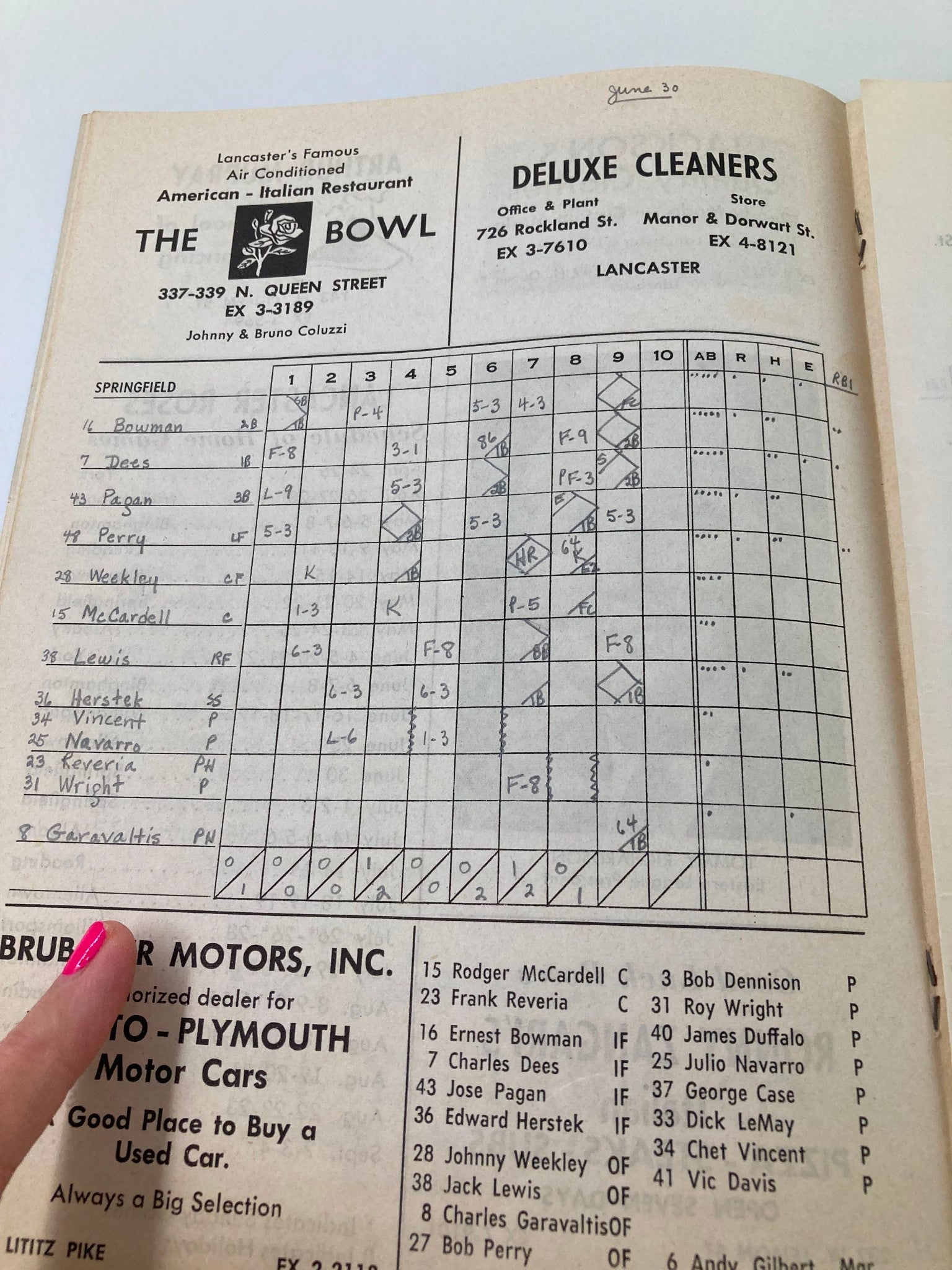 1958 Eastern Professional Baseball League Lancaster Roses Official Score Card