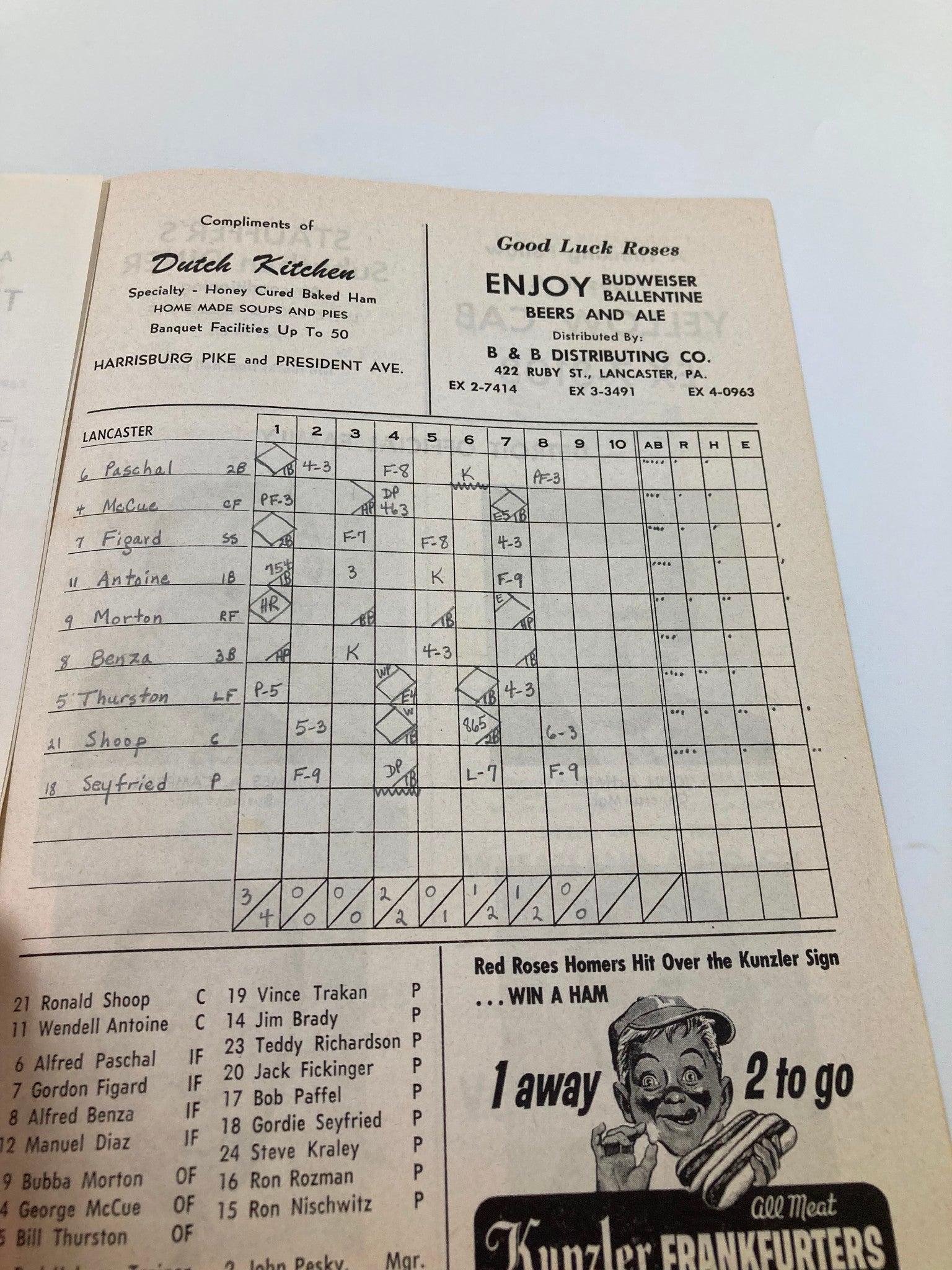 1958 Eastern Professional Baseball League Lancaster Roses Official Score Card