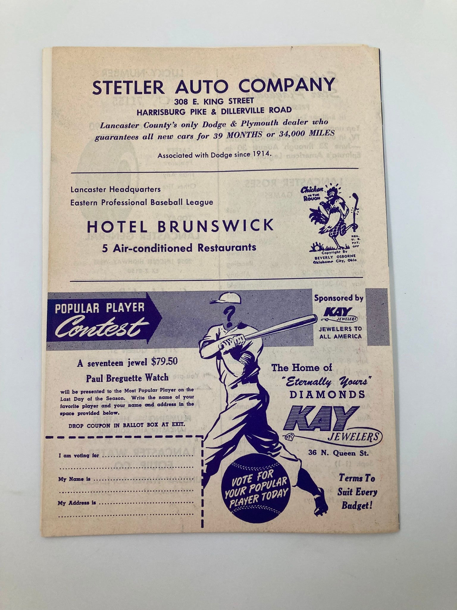 1958 Eastern Professional Baseball League Lancaster Roses Official Score Card