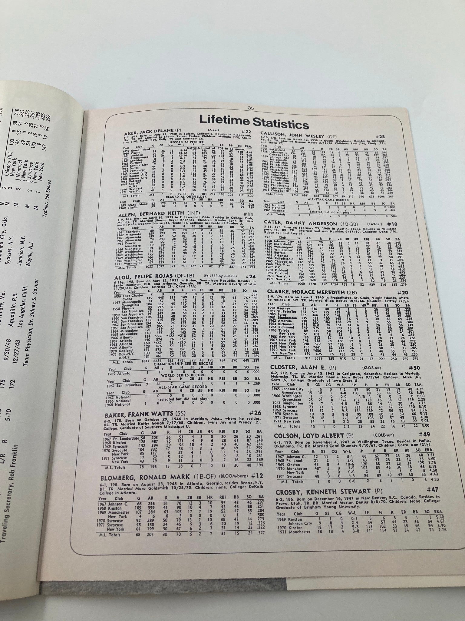 Statistics page from the 1972 MLB New York Yankees Official Yearbook, listing lifetime statistics of various players.