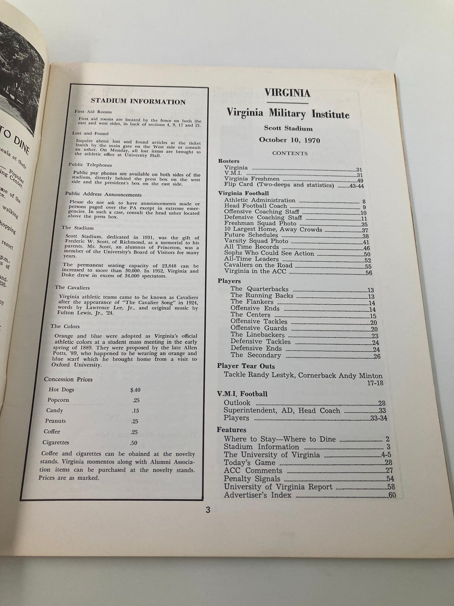 Virginia Military Institute College Football Program from October 10, 1970, featuring stadium information, player statistics, and game details.