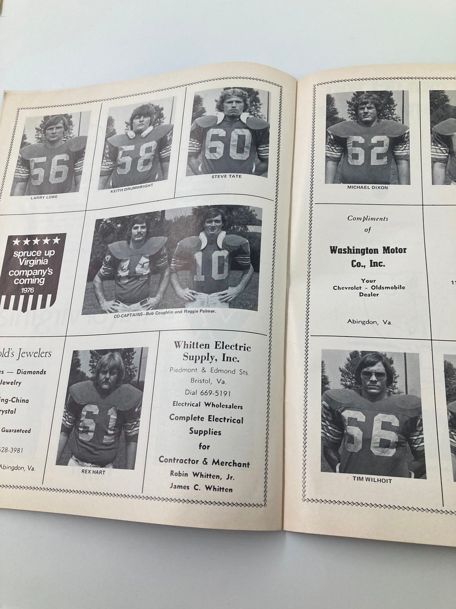 Photographs of football players from the November 15 1975 College Game Official Program, including Larry Lowe and others, highlighting team rosters.