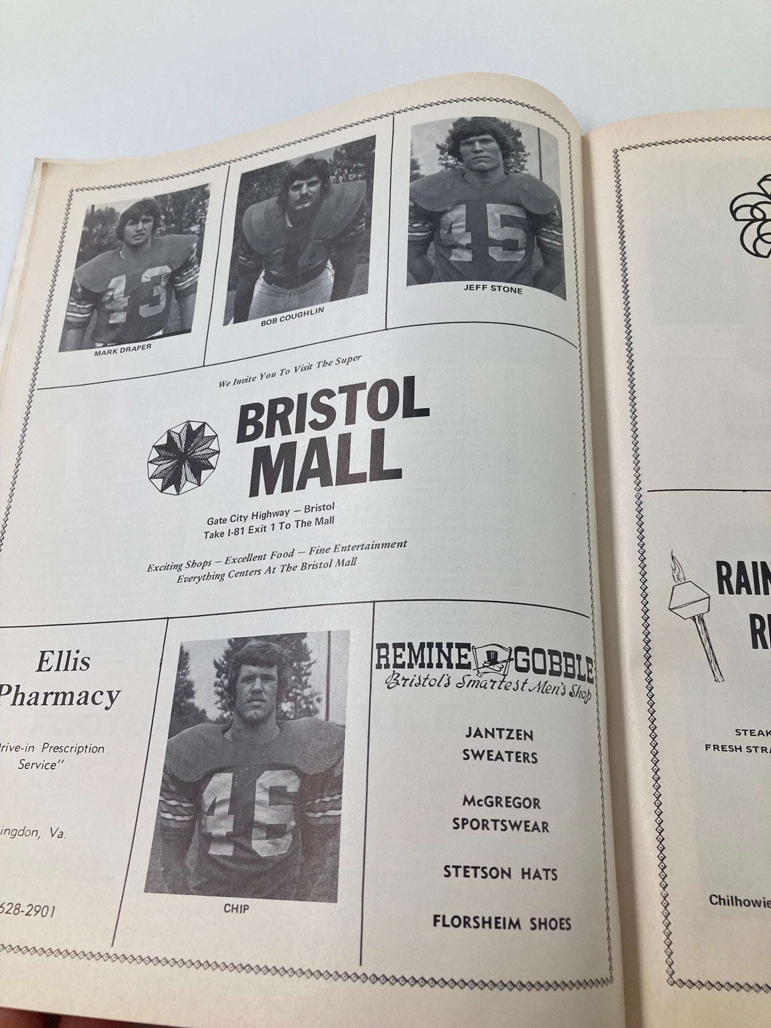 Another page from the November 15 1975 College Game Official Program featuring more player photographs and advertisements, showcasing the community and support.