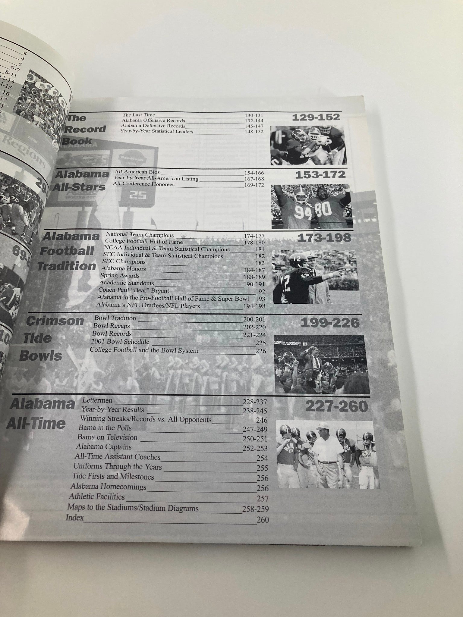 Interior page of the 2001 Alabama Crimson Tide Football Official Program showing record book details and statistics from previous games.