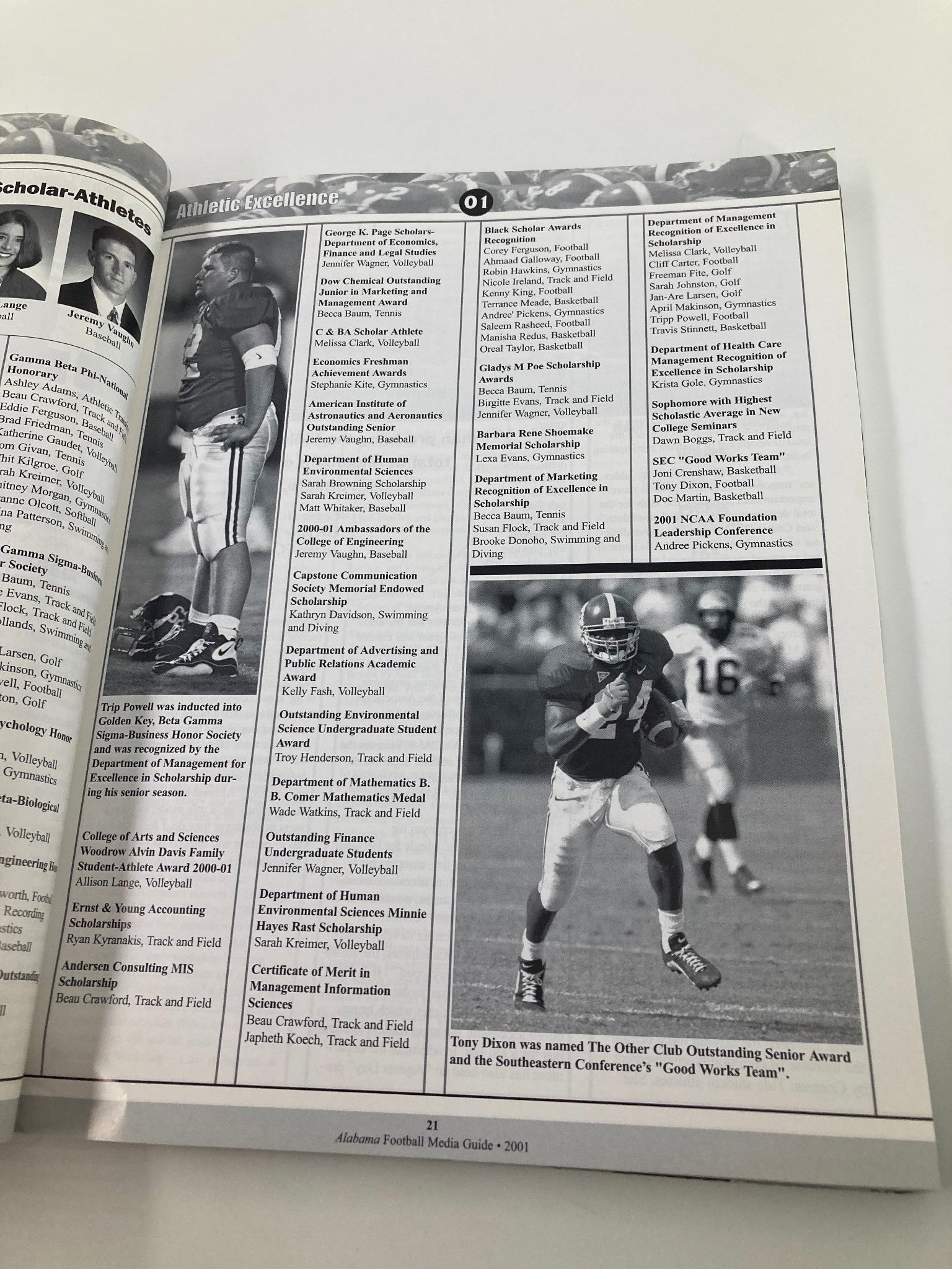 Interior page of the 2001 Alabama Crimson Tide Football Official Program highlighting athletic excellence and achievements of players.