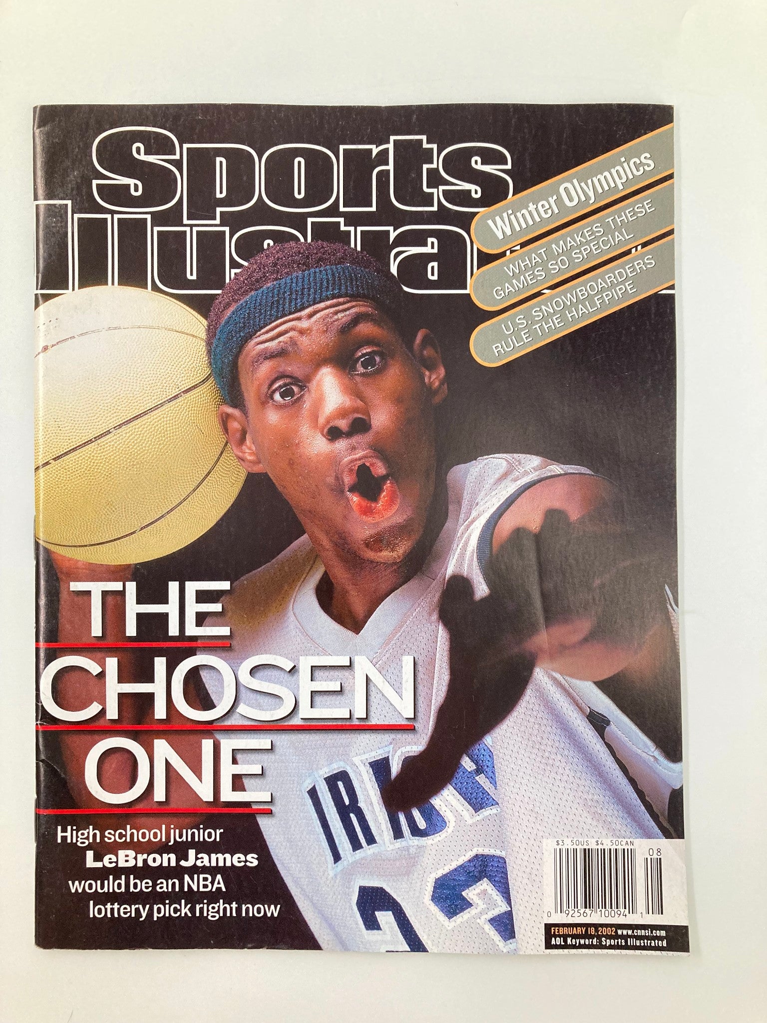 Cover of Sports Illustrated Magazine, August 18, 2002, featuring high school LeBron James, with a minimalist, no-label