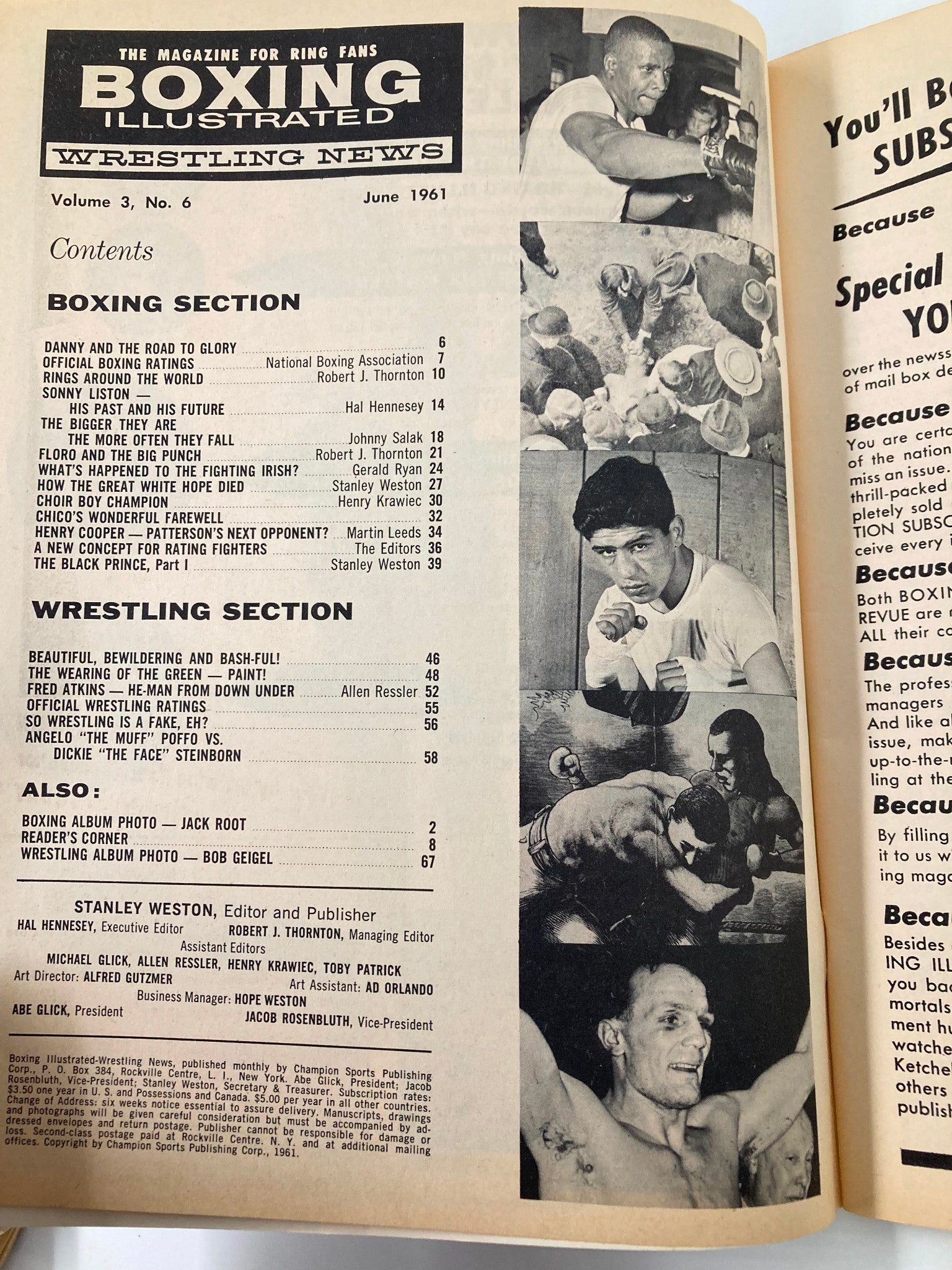 Inside page of VTG Boxing Illustrated Wrestling News June 1961, displaying the contents section with article titles and columns related to boxing and wrestling.