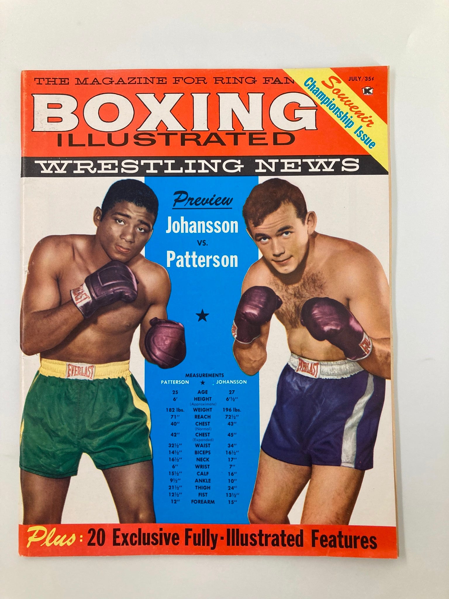 Cover of Boxing Illustrated Wrestling News July 1960 featuring a preview of the match between Ingemar Johansson and Floyd Patterson, showcasing both fighters in boxing gloves with their measurements.