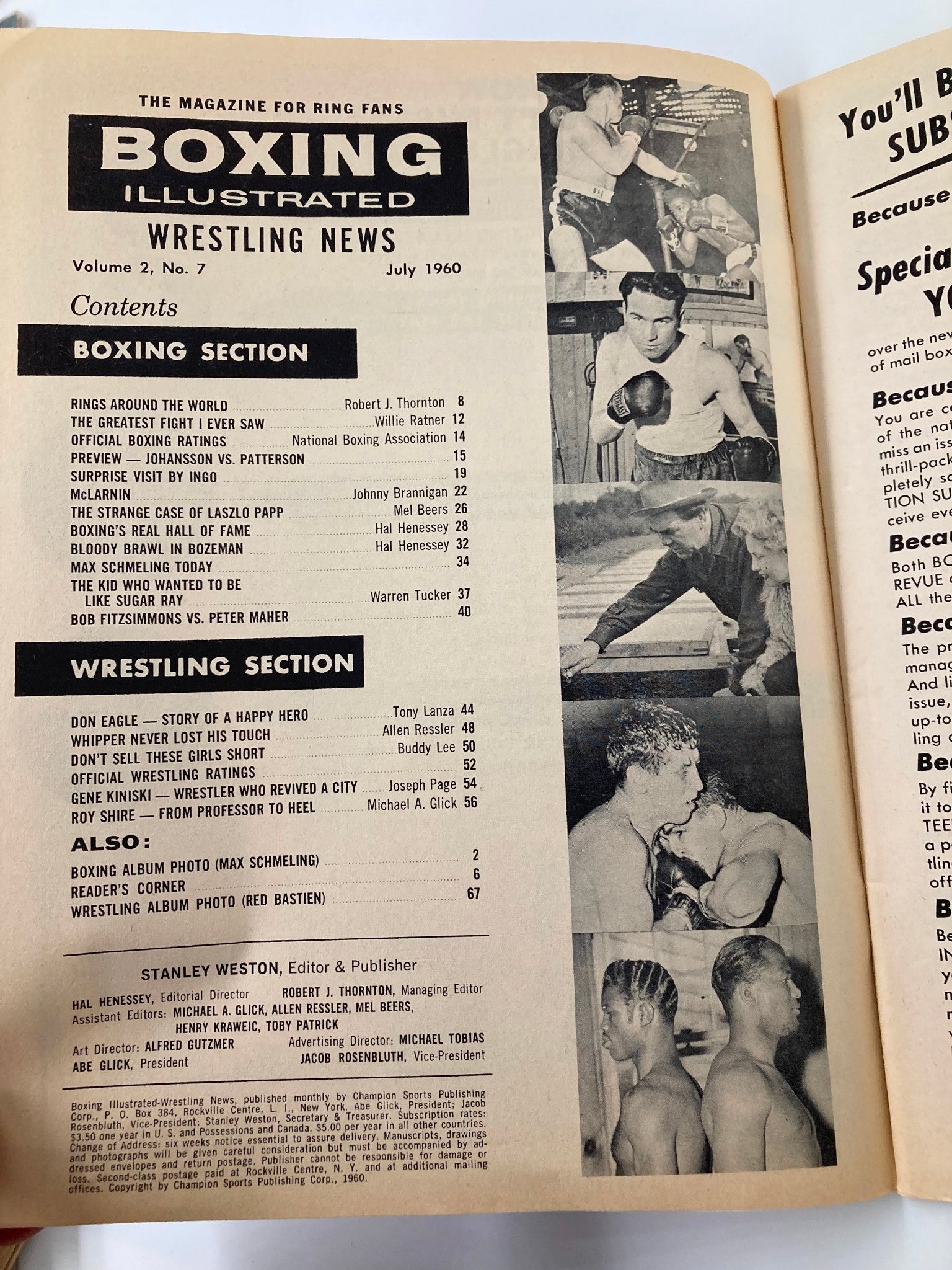 Inside page of Boxing Illustrated Wrestling News July 1960, displaying the table of contents including boxing and wrestling sections, with black and white photographs of boxing action.