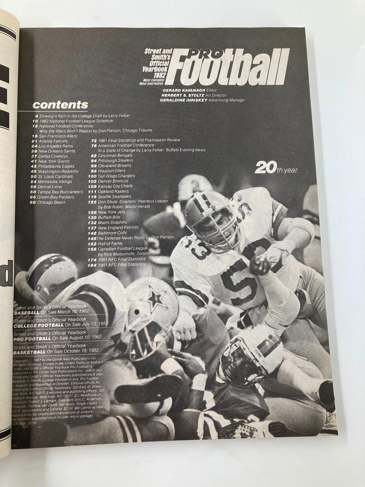 Inside page of the VTG Street & Smith's Official Pro Football 1982 Yearbook displaying the contents list, highlighting key articles and features about the NFL season.