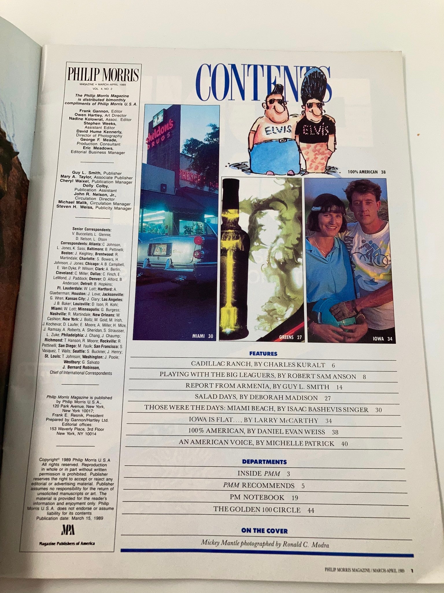Contents page of the Philip Morris Magazine March 1989 showcasing articles such as Cadillac Ranch, Miami Beach, and a special report from Armenia.