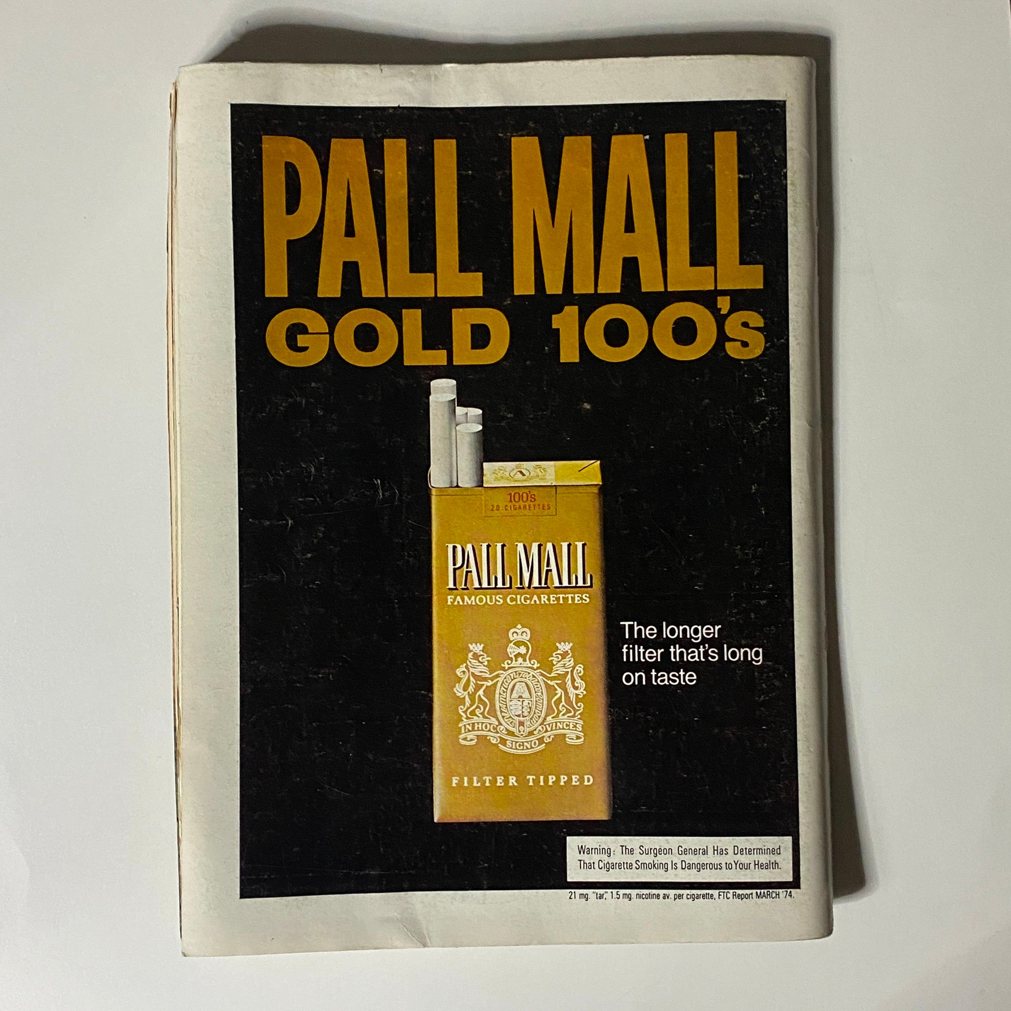 Back cover of the Playboy Magazine November 1974, featuring an advertisement for Pall Mall Gold 100s cigarettes, illustrating the advertising style of the era.