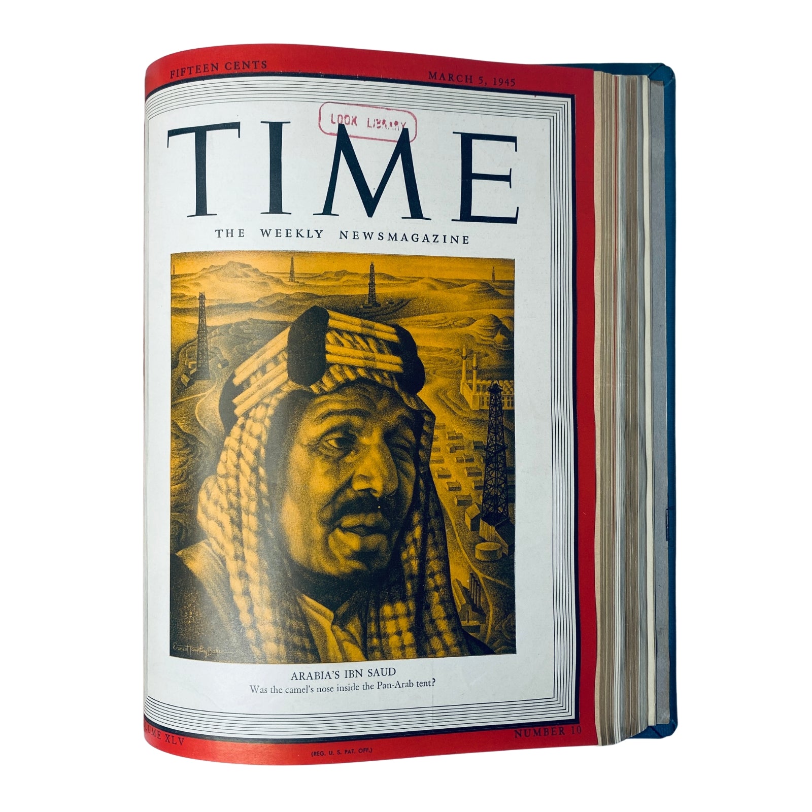 Time Magazine cover featuring Arabia's Ibn Saud, dated March 5, 1945, showcasing the influential leader amidst visual representations of oil fields.