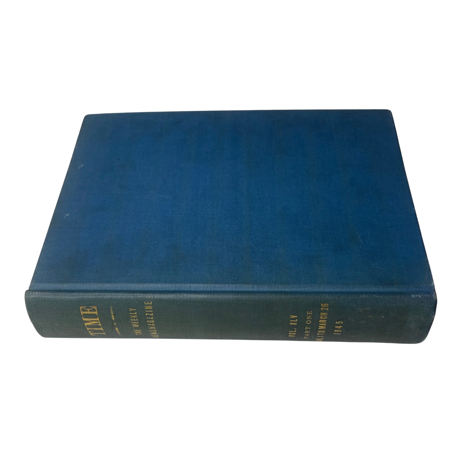 Side view of the library edition of Time Magazine from January to March 1945, emphasizing the sturdy binding and historical significance.
