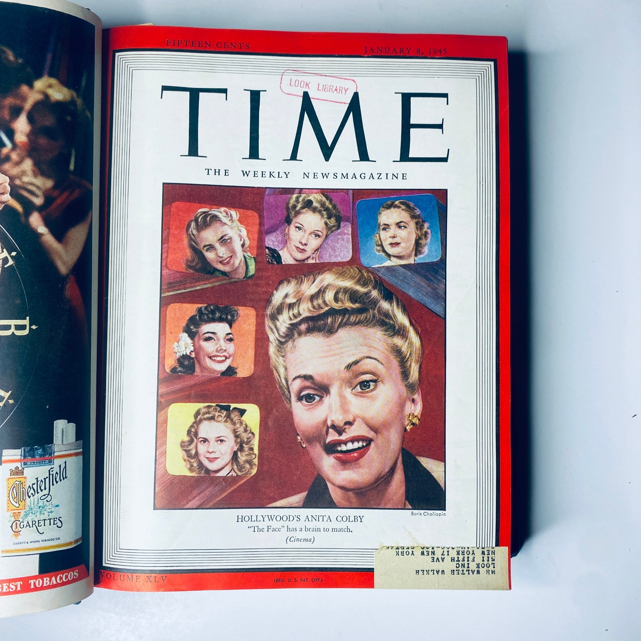 Cover of Time Magazine from January 8, 1945, featuring Hollywood actress Anita Colby, noted for her title 'The Face'.
