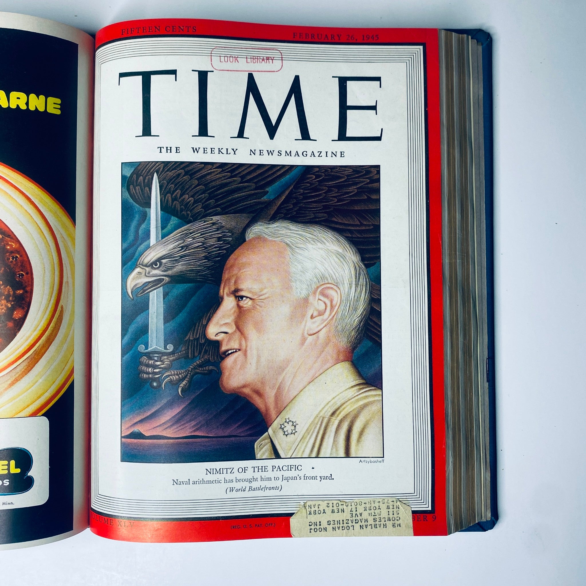 Cover of Time Magazine from February 26, 1945, featuring Fleet Admiral Chester W. Nimitz, highlighting his leadership in the Pacific theater during World War II. Time Magazine Library Bound January 1, 1945 - March 26, 1945 Arabia's Ibn Saud.