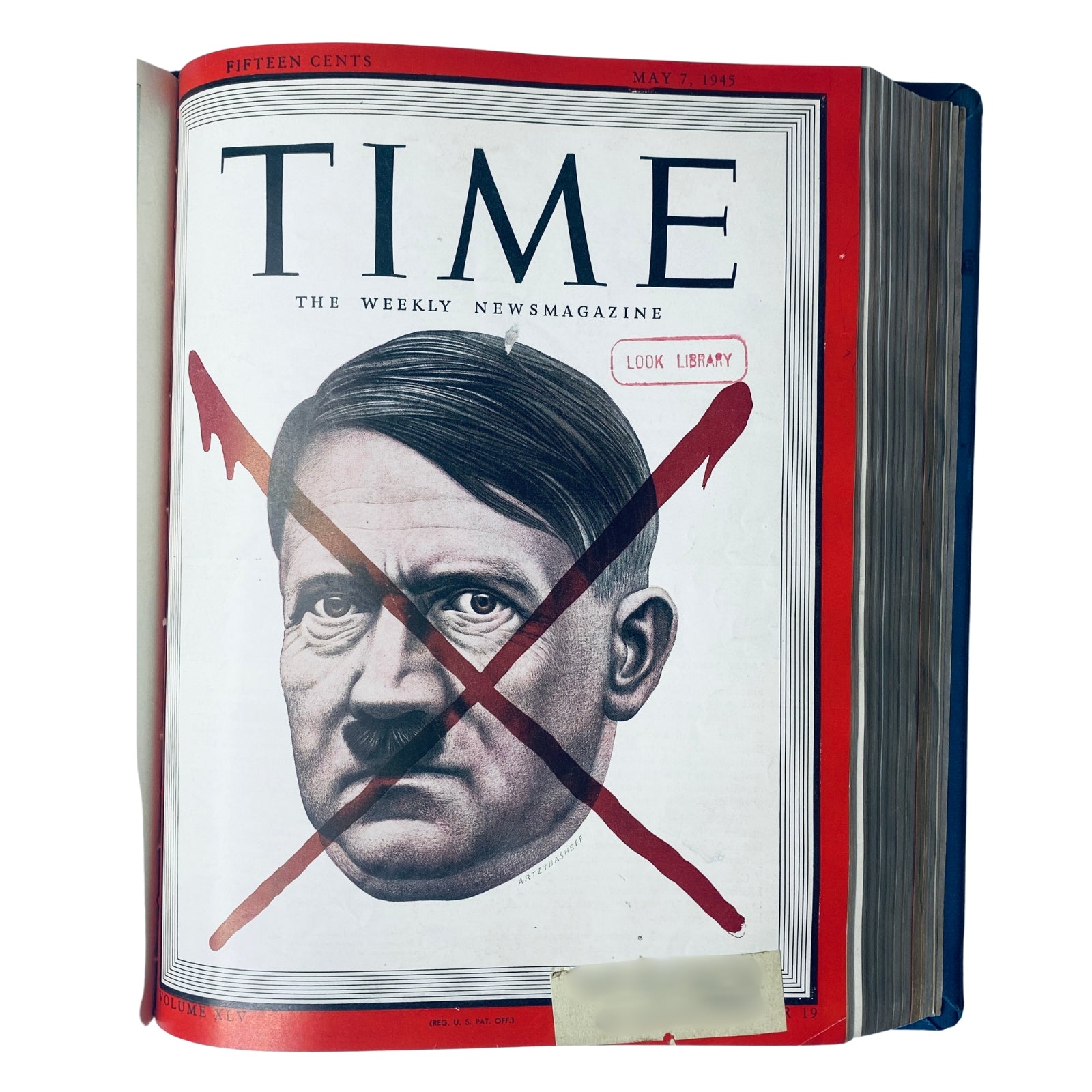 Library bound Time Magazine from April 2 to June 25, 1945 featuring the cover image of Adolf Hitler with a red X over it, indicative of the magazine’s portrayal of the Nazi leader during World War II.