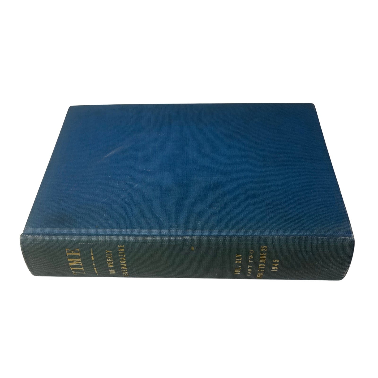 Top view of a library bound Time Magazine, showcasing the title and publication details for the period of April 2 to June 25, 1945, highlighting its historical significance.