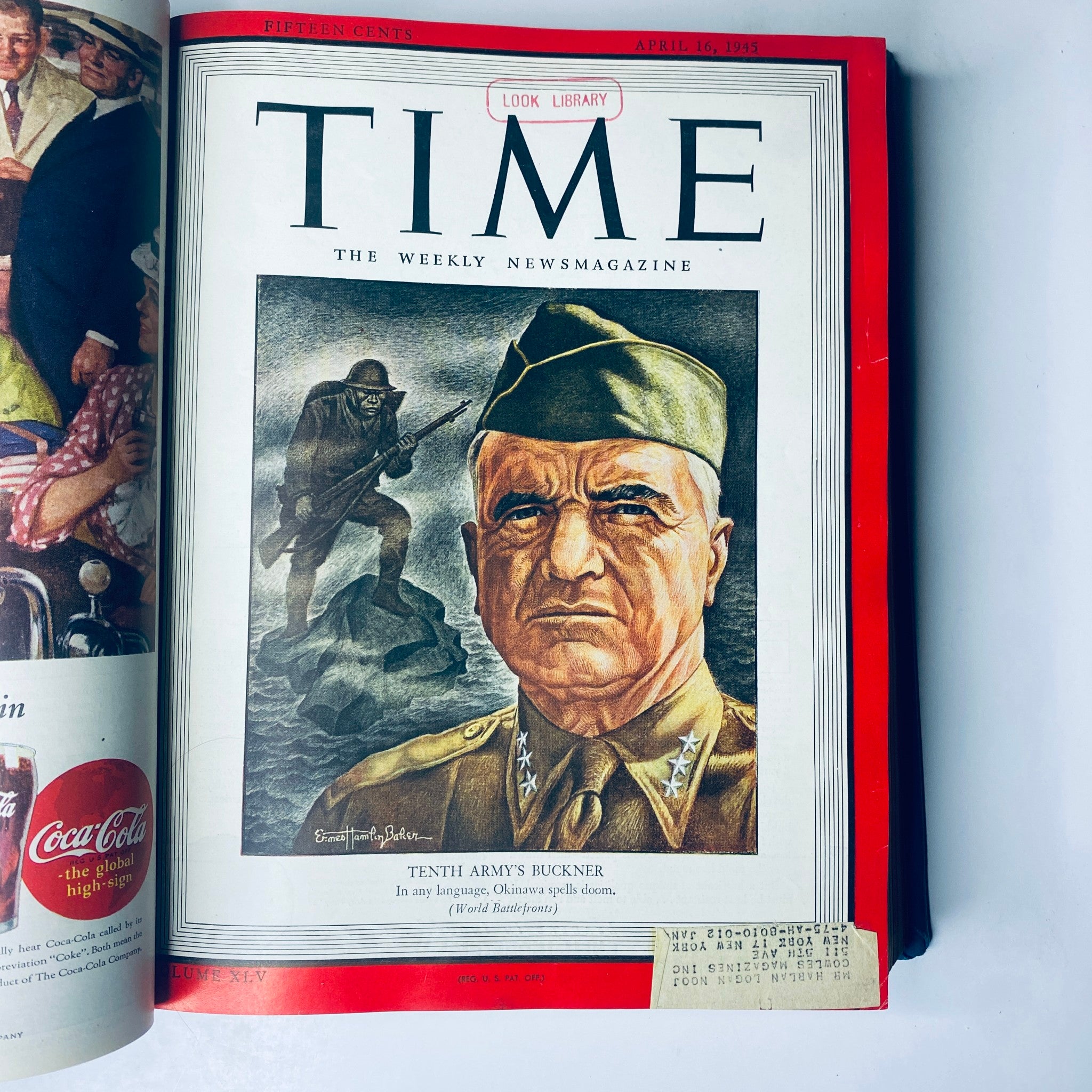 Time Magazine cover from April 16, 1945 featuring General Simon Bolivar Buckner Jr. and a soldier with a rifle, part of the Time Magazine Library Bound April 2, 1945 - June 25, 1945 Adolph Hitler Red X collection.