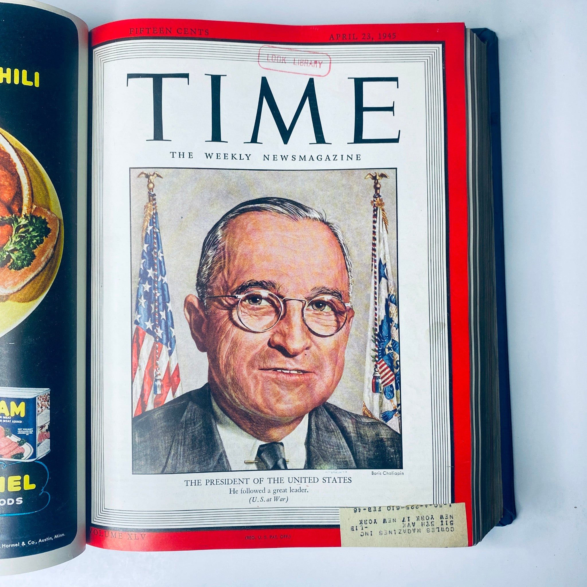 Time Magazine cover from April 23, 1945 featuring President Harry S. Truman, showcasing his portrait with American flags, part of the Time Magazine Library Bound April 2, 1945 - June 25, 1945 Adolph Hitler Red X collection.