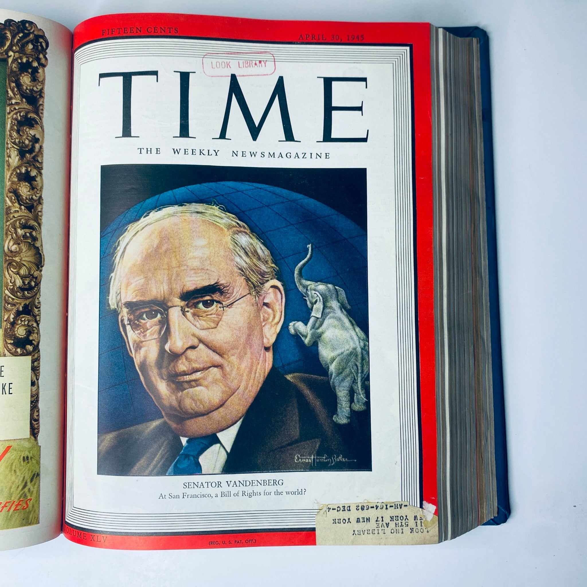 Time Magazine cover from April 30, 1945 featuring Senator Arthur H. Vandenberg, highlighted with a visual of a blue background and an elephant, part of the Time Magazine Library Bound April 2, 1945 - June 25, 1945 Adolph Hitler Red X collection.
