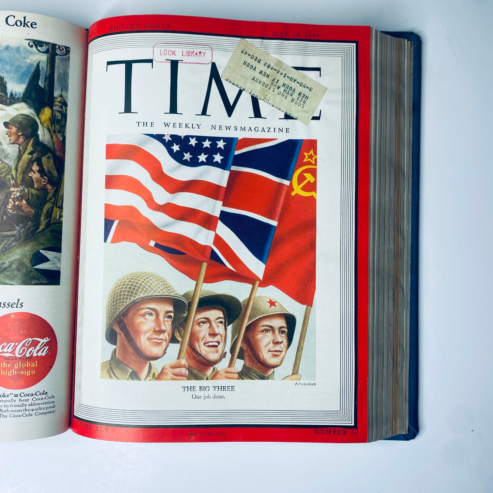 Time Magazine cover from May 14, 1945 illustrating the Big Three leaders—Stalin, Roosevelt, and Churchill—waving flags, part of the Time Magazine Library Bound April 2, 1945 - June 25, 1945 Adolph Hitler Red X collection.