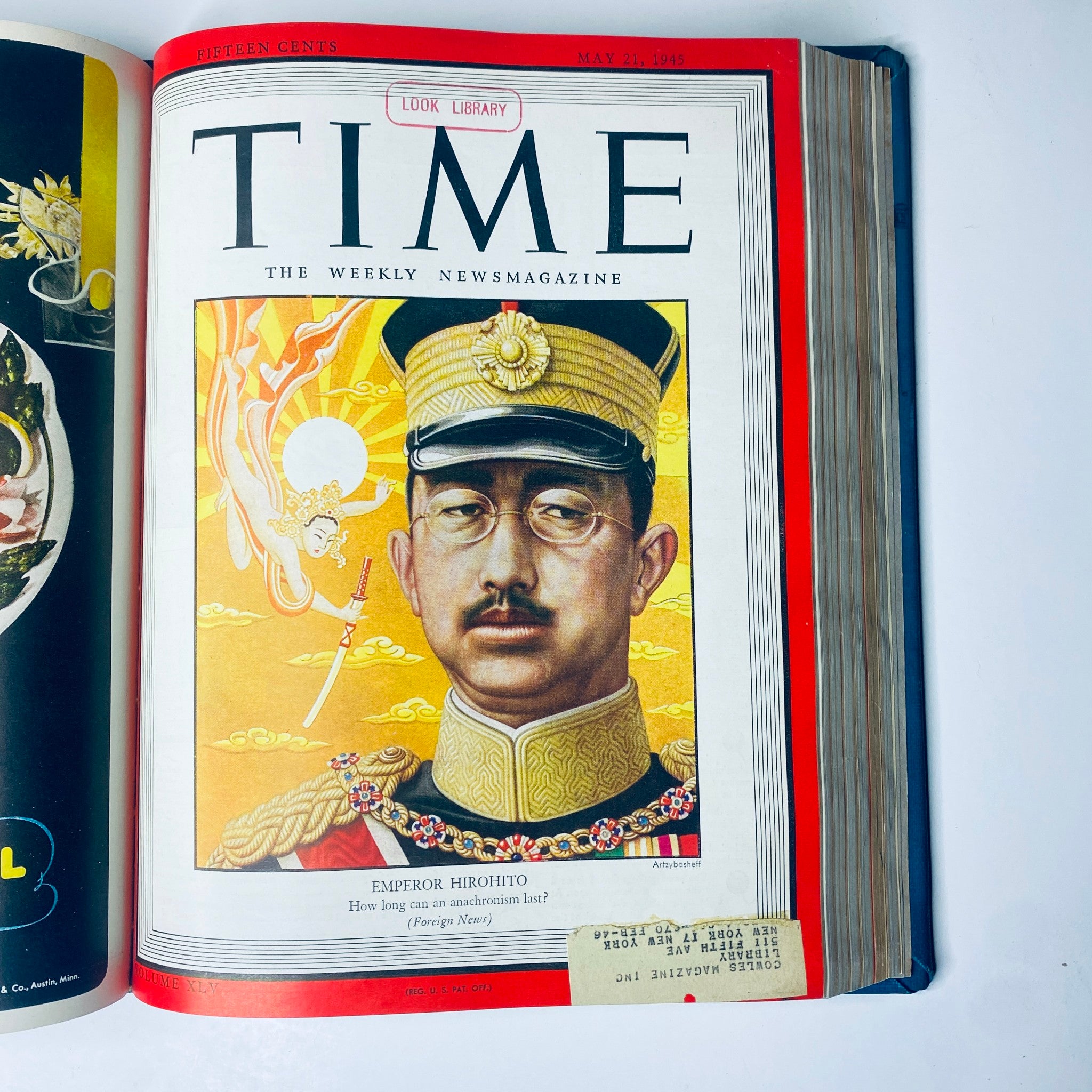 Time Magazine cover from May 21, 1945 featuring Emperor Hirohito of Japan in military attire, showcasing Asian cultural elements, part of the Time Magazine Library Bound April 2, 1945 - June 25, 1945 Adolph Hitler Red X collection.