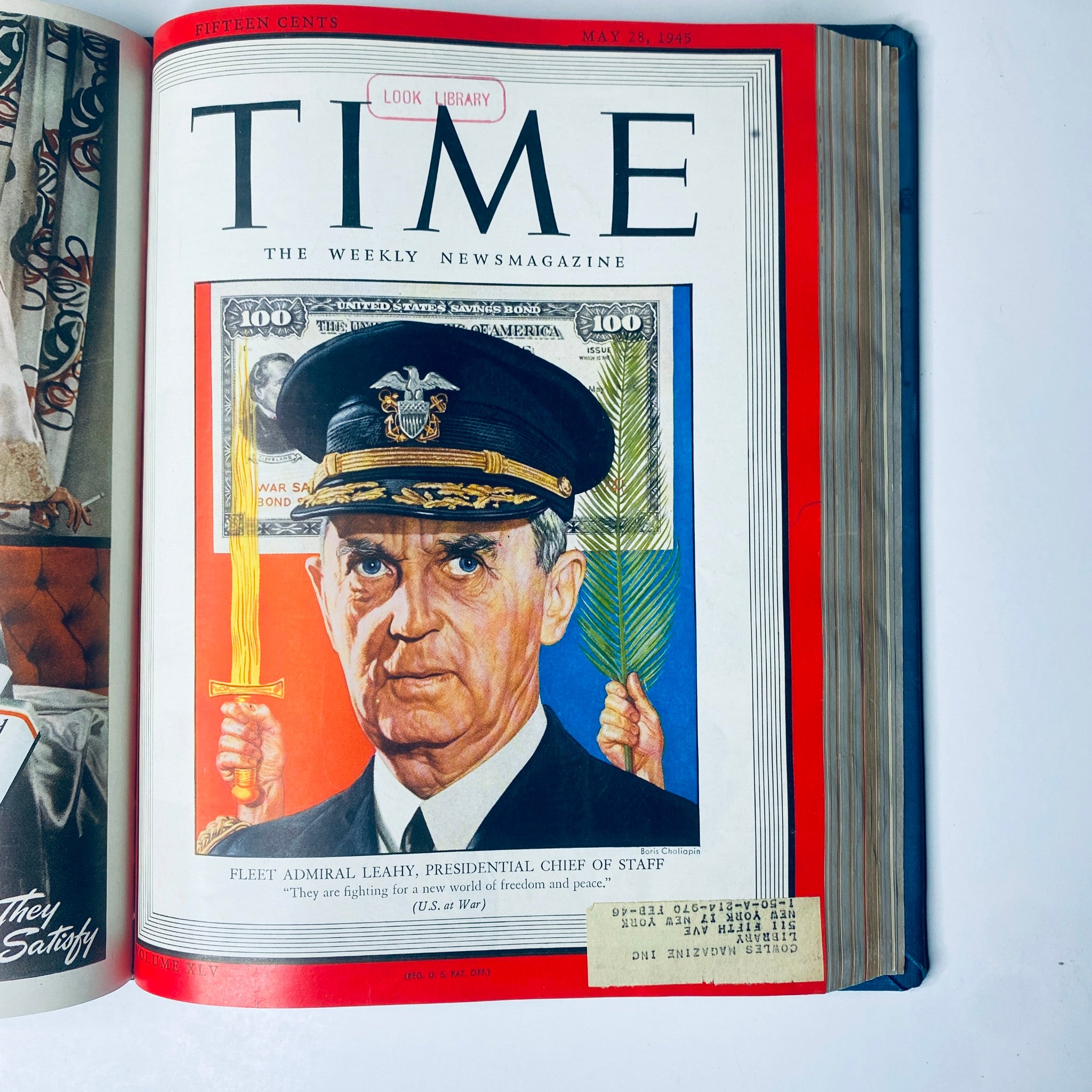 Time Magazine cover featuring Fleet Admiral Leahy, Presidential Chief of Staff, dated May 28, 1945, from the Time Magazine Library Bound April 2, 1945 - June 25, 1945 Adolph Hitler Red X.