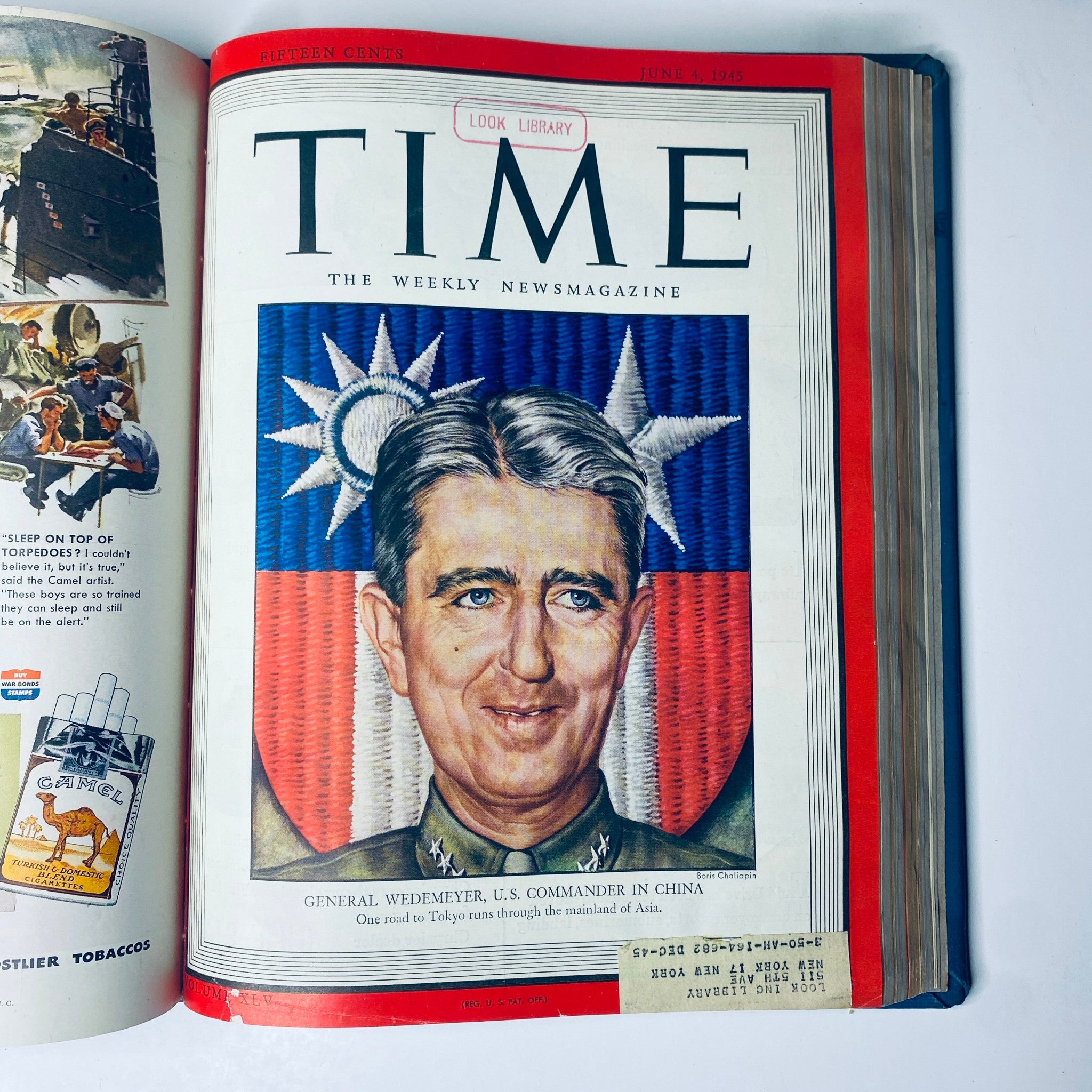 Time Magazine cover showcasing General Wedemeyer, U.S. Commander in China, dated June 4, 1945, from the Time Magazine Library Bound April 2, 1945 - June 25, 1945 Adolph Hitler Red X.