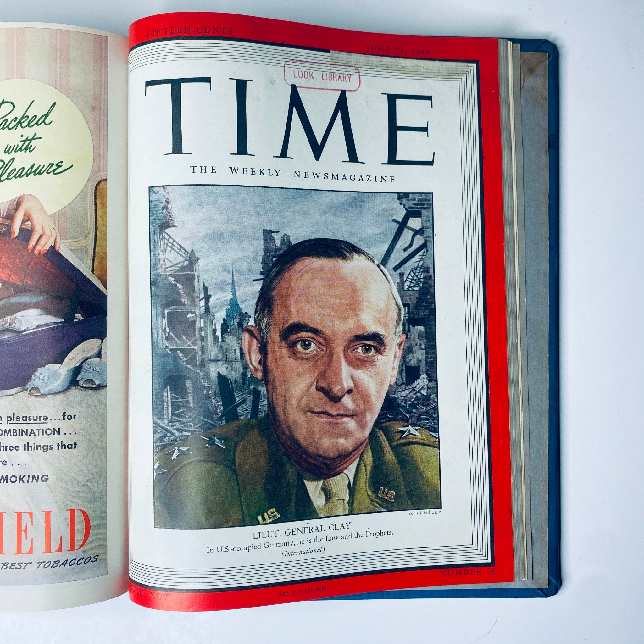 Time Magazine cover featuring Lieutenant General Clay, dated June 25, 1945, from the Time Magazine Library Bound April 2, 1945 - June 25, 1945 Adolph Hitler Red X.