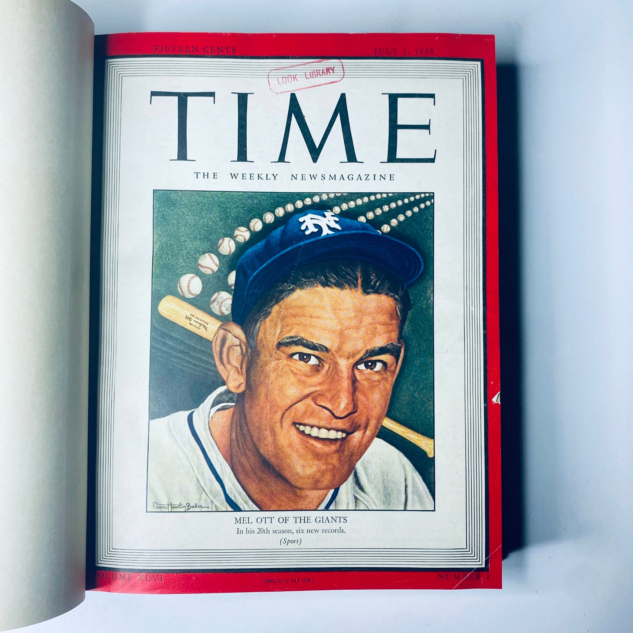 Time Magazine Library Bound July 2, 1945 - September 24, 1945 opening to the July 2, 1945 cover featuring Mel Ott of the Giants.