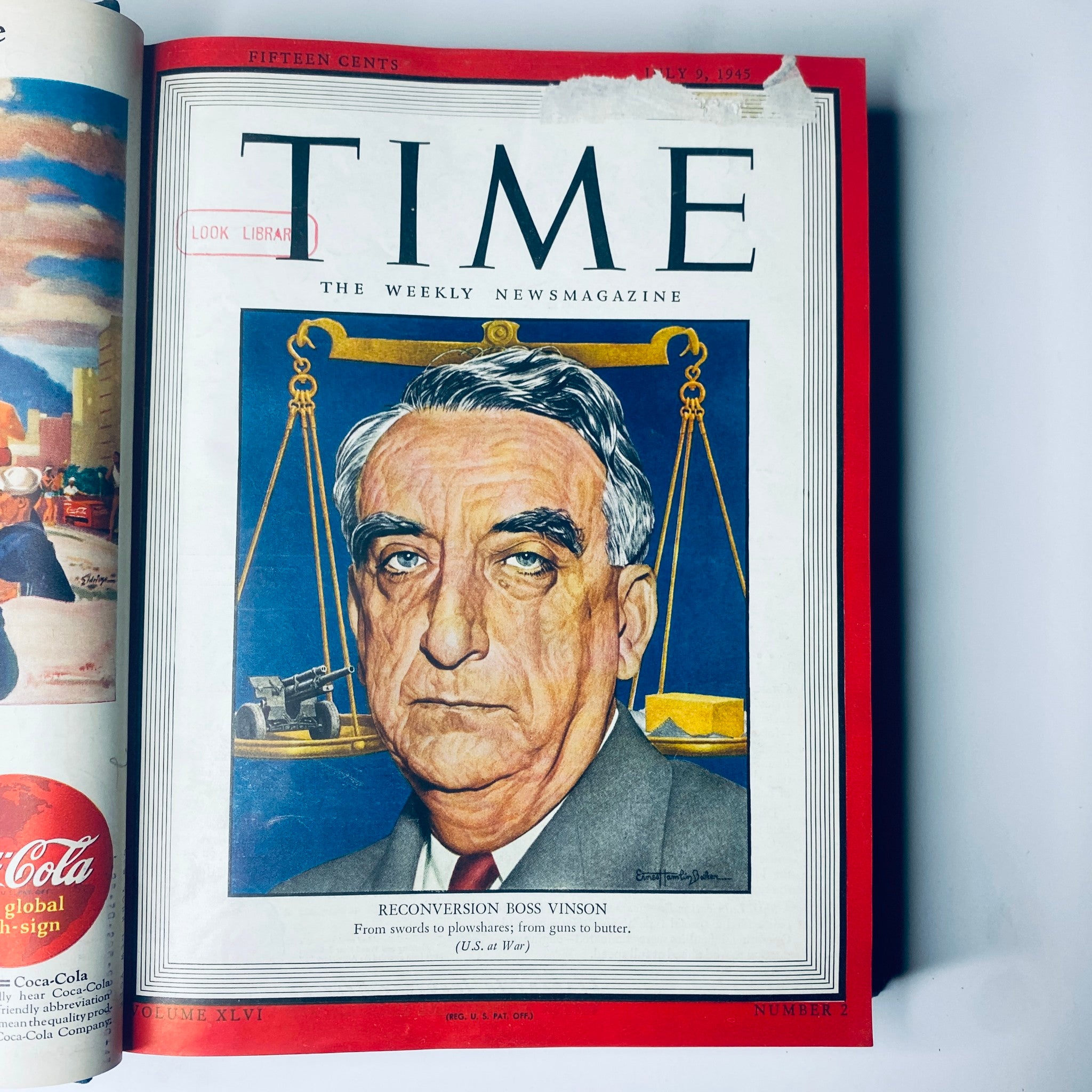 Cover of Time Magazine July 9, 1945, featuring Fred M. Vinson, Head of War Mobilization and Reconversion, as part of the Time Magazine Library Bound July 2, 1945 - September 24, 1945 Red X Japan collection.