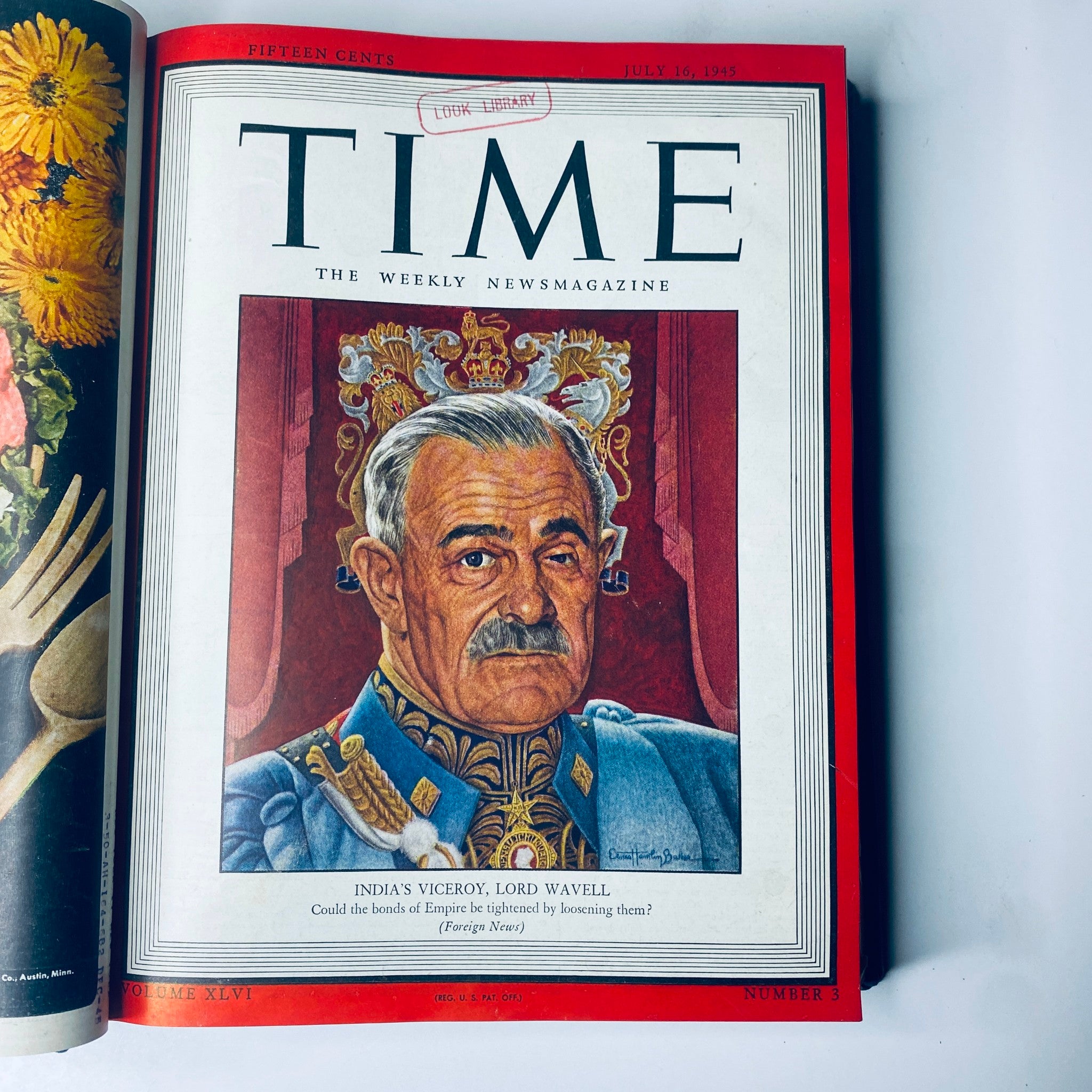 Cover of Time Magazine July 16, 1945, featuring Lord Wavell, Viceroy of India, from the Time Magazine Library Bound July 2, 1945 - September 24, 1945 Red X Japan collection.