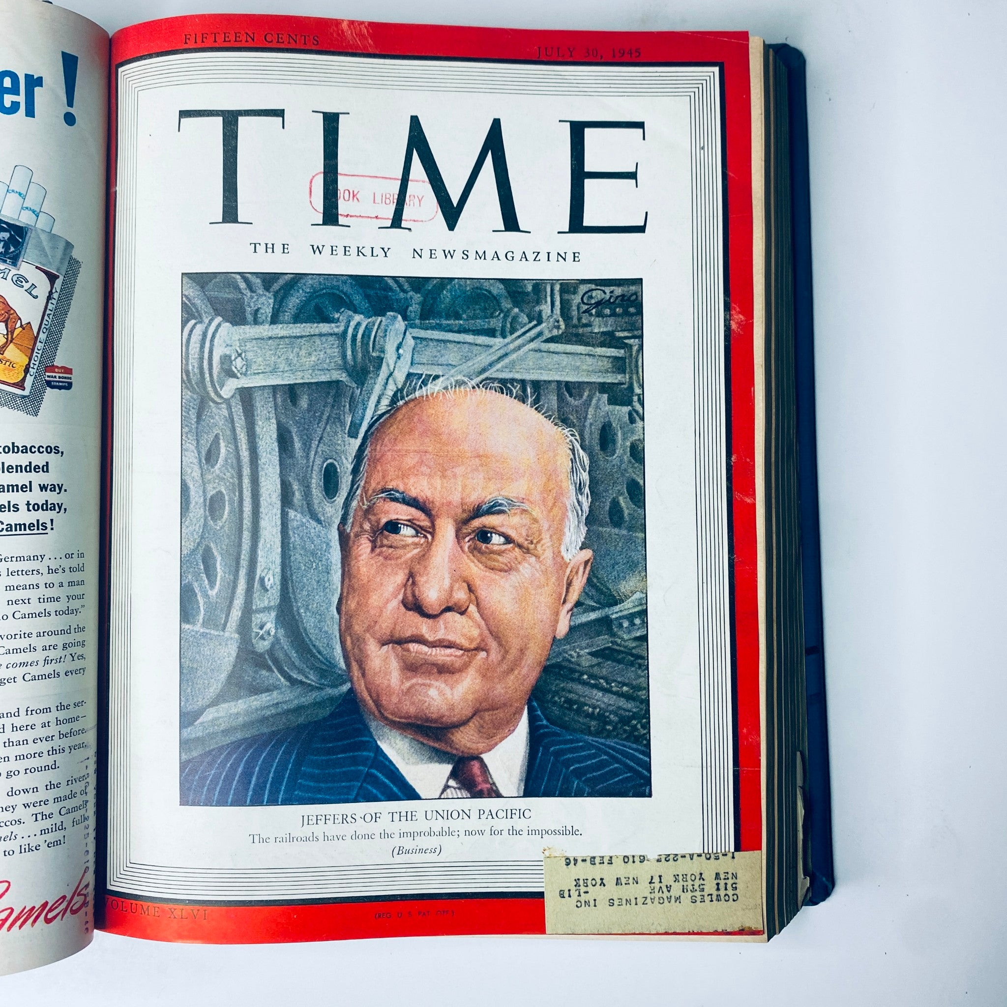 Cover of Time Magazine July 30, 1945, featuring William Jeffers, President of Union Pacific Railroad, in the Time Magazine Library Bound July 2, 1945 - September 24, 1945 Red X Japan collection.